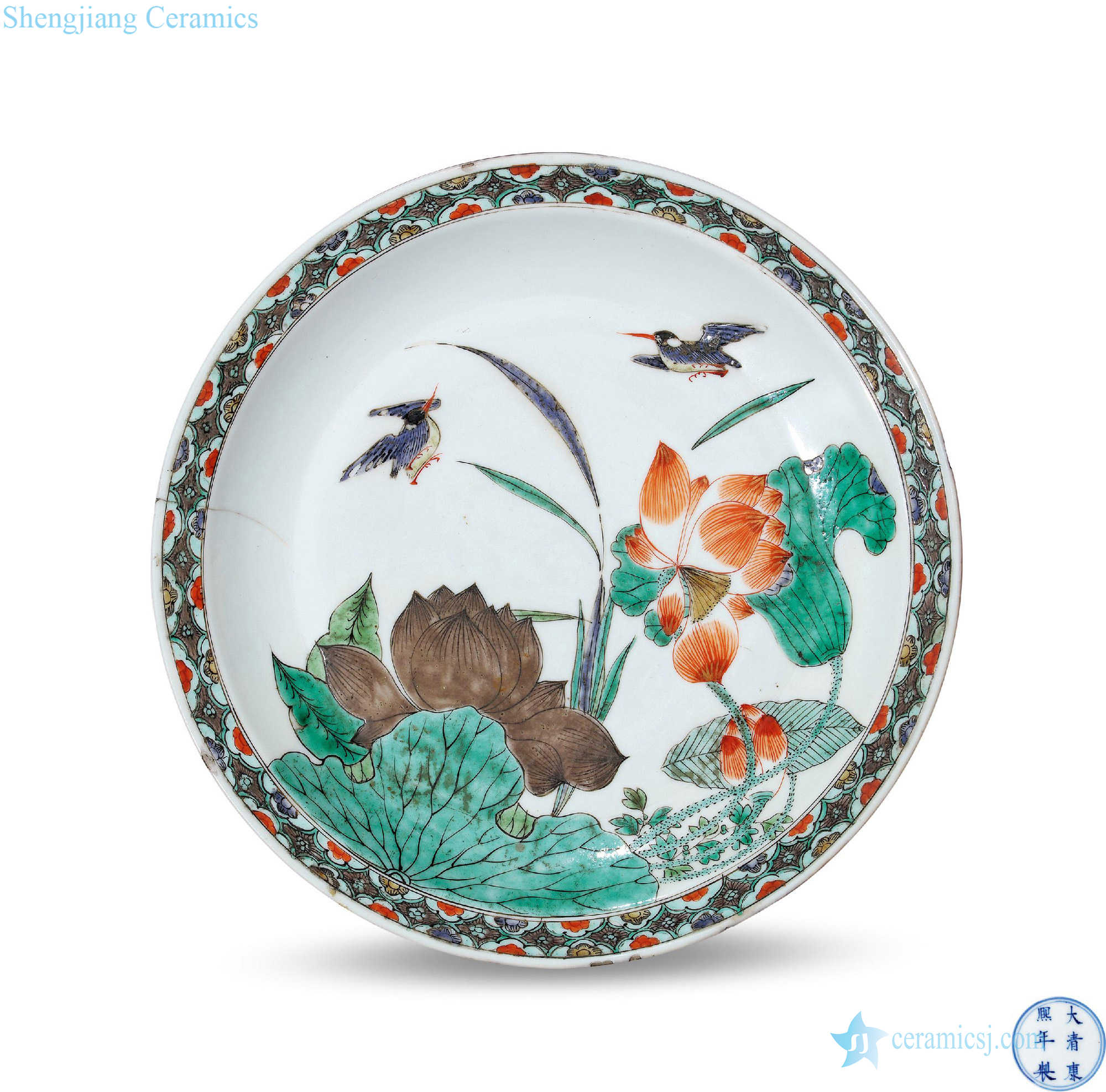 The qing emperor kangxi colorful lotus pond water birds fold along the plate