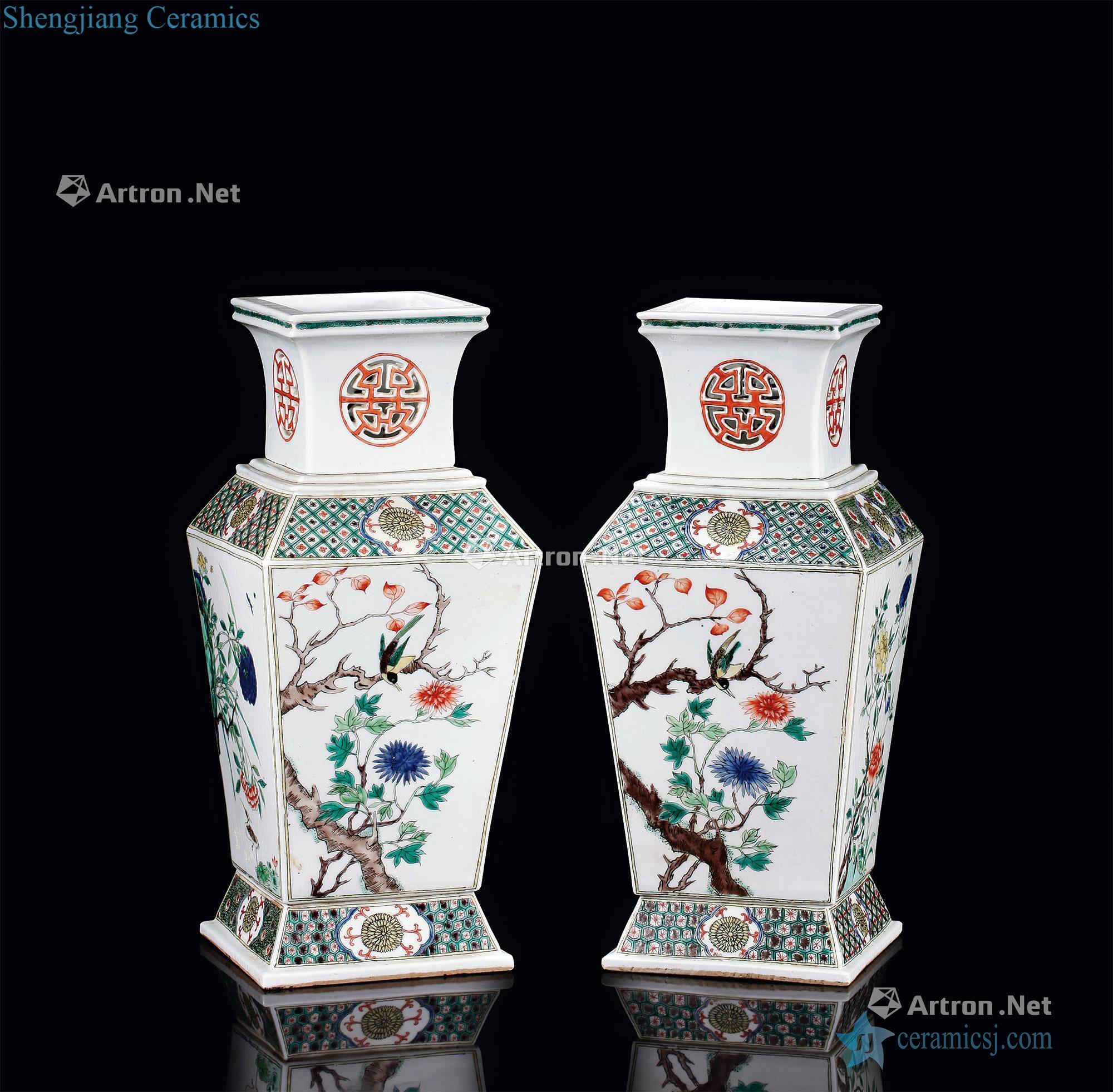 The qing emperor kangxi Colorful flowers and birds lines hollow square bottle (a)