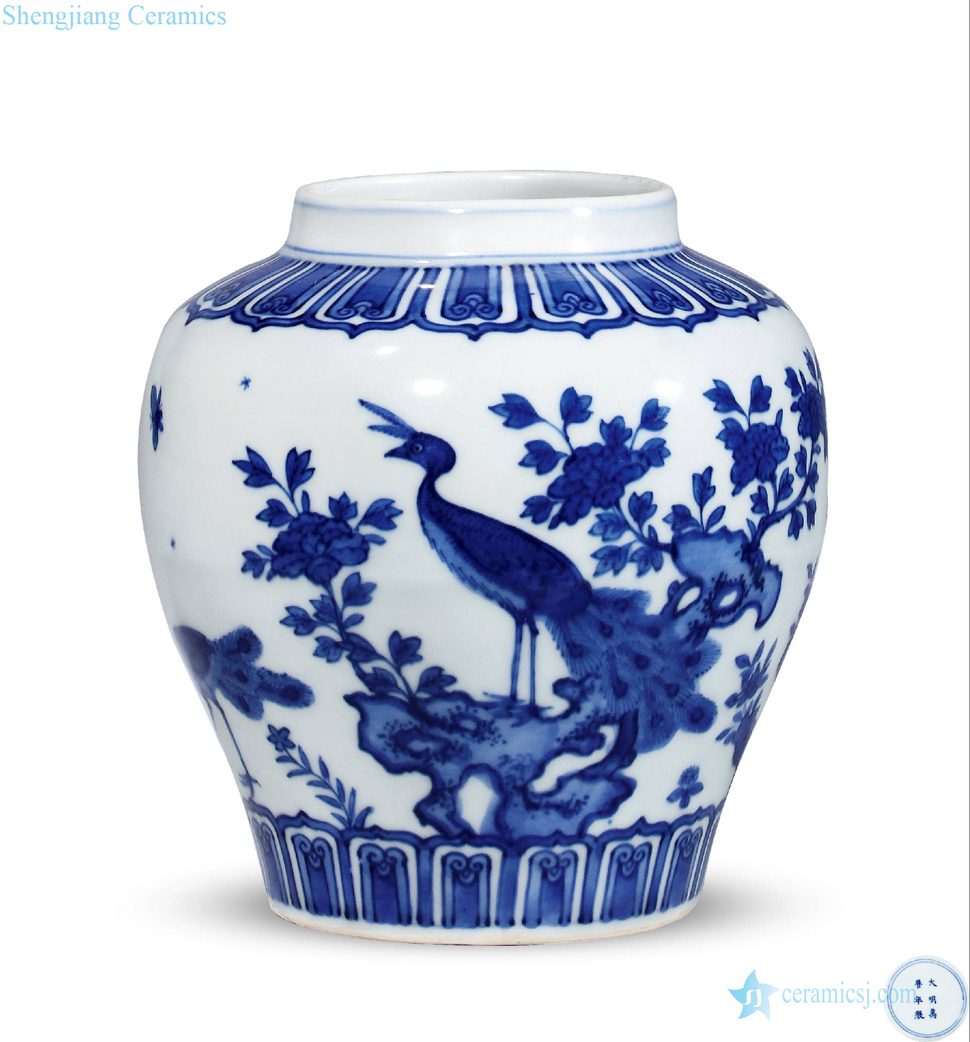 Ming wanli Blue and white flower butterfly peacock grain tank