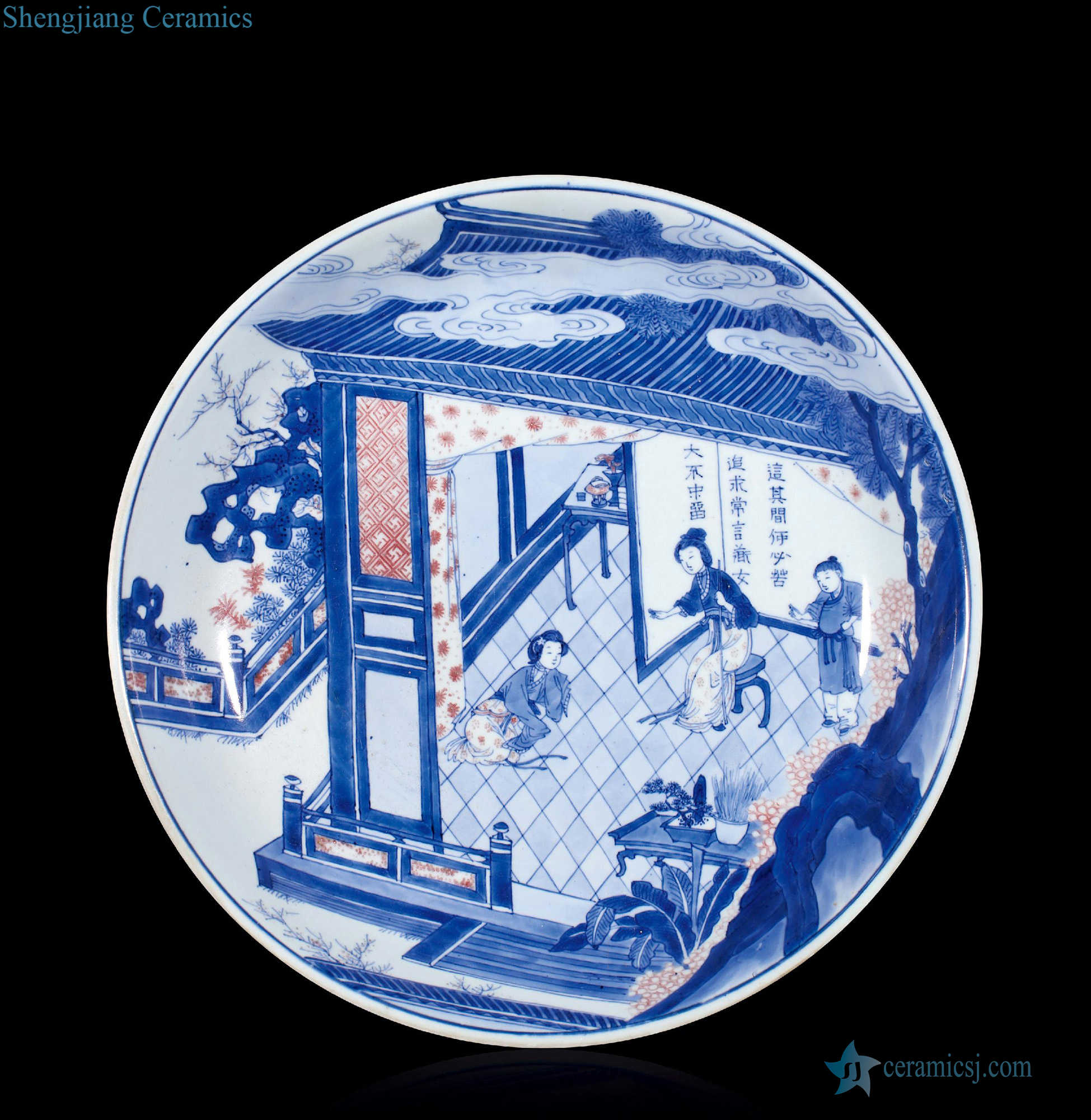 The qing emperor kangxi Blue and white figure plate youligong romance story