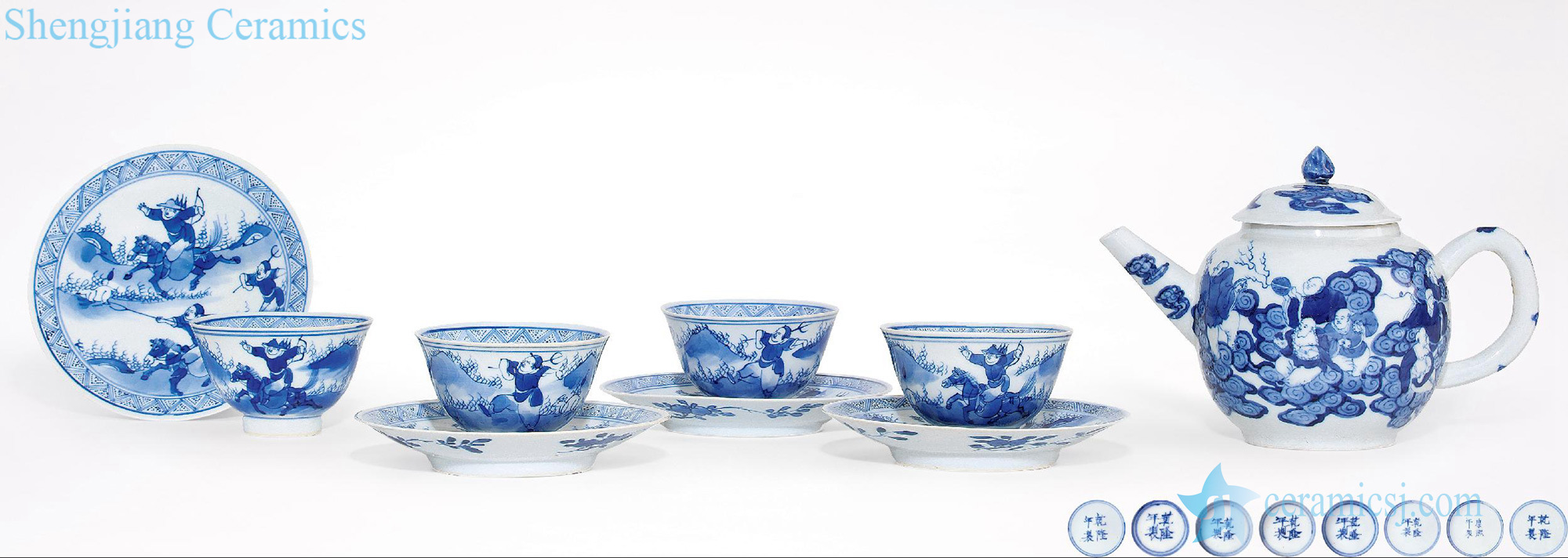 qing Blue ocean's eighteen teapot, knife horse character figure plates (nine)