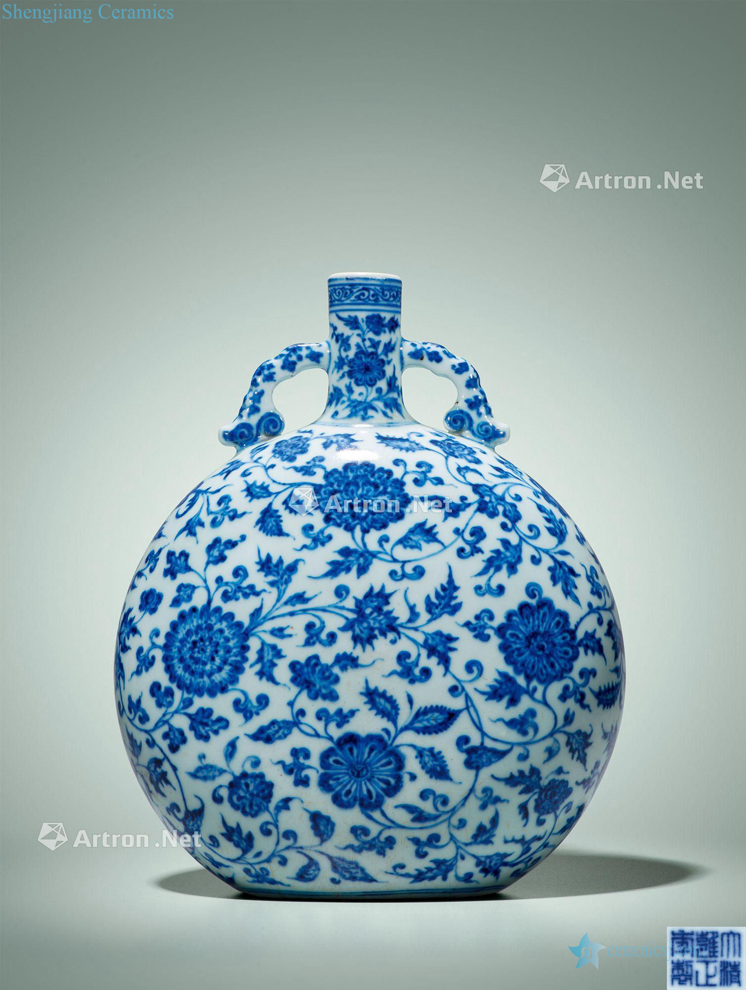 Qing yongzheng Blue and white tie up four seasons flower grain double ear on the bottle