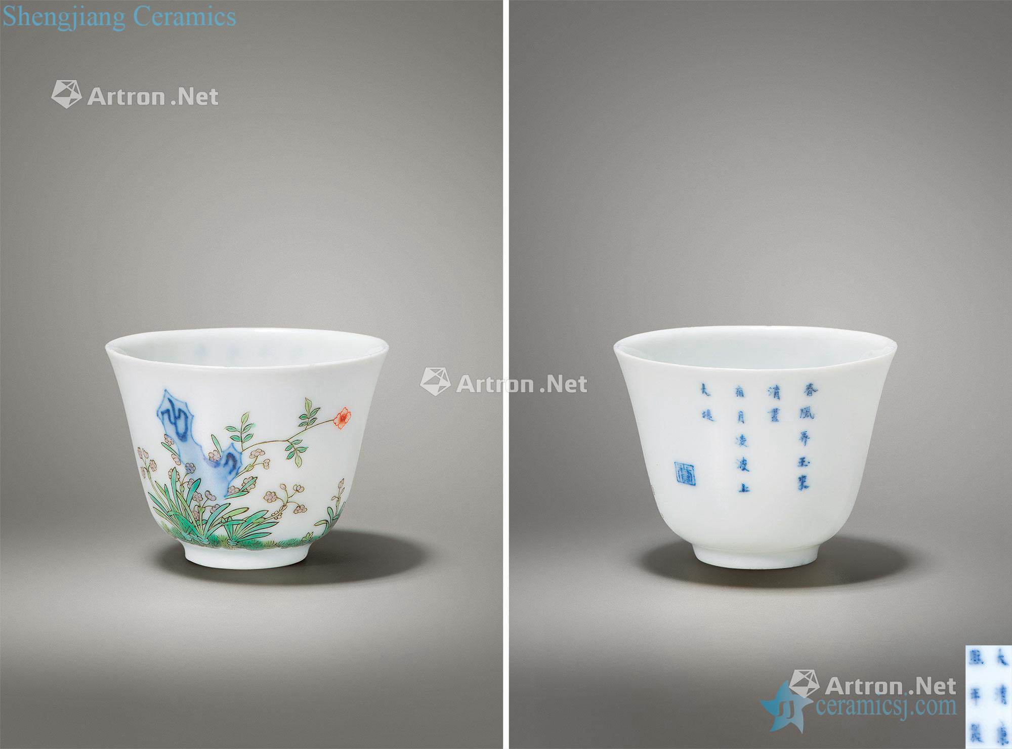 The qing emperor kangxi Blue and white color flora cup (January daffodils)