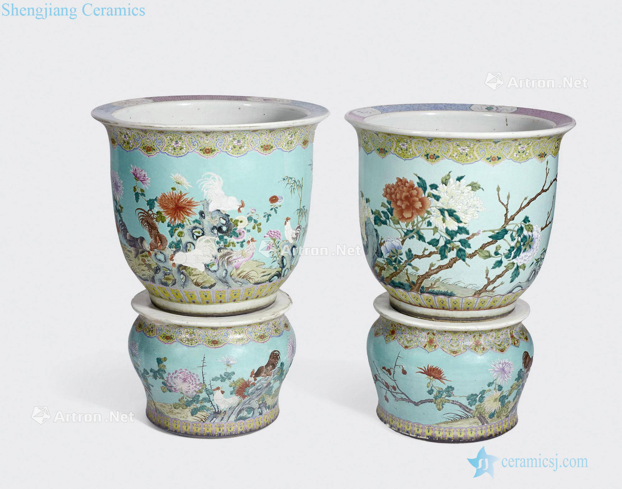 Newest the Qing/Republic period AN ASSEMBLED GROUP OF TURQUOISE GROUND PLANTERS AND STANDS made IN FAMILLE ROSE ENAMELS