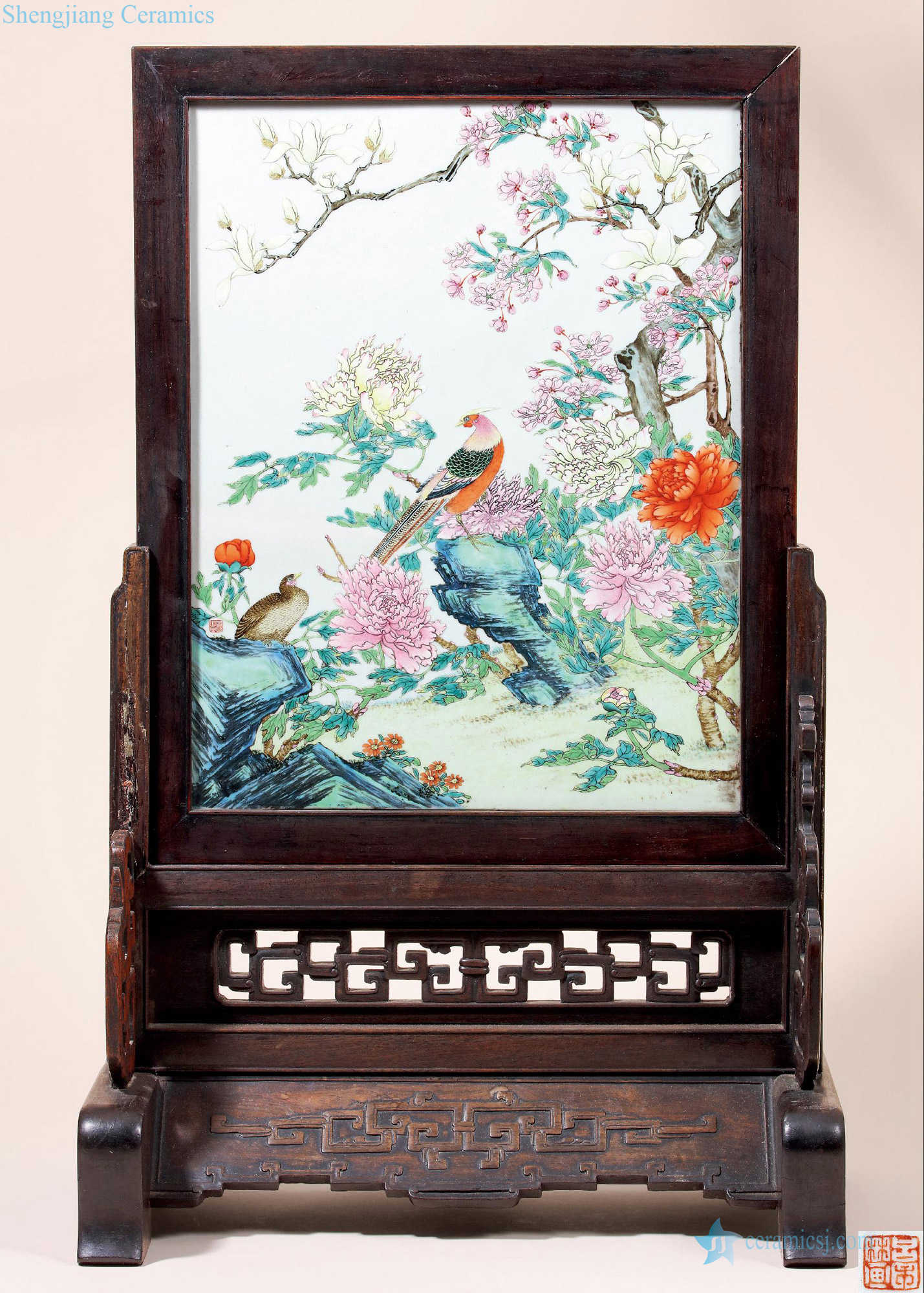 Qing qianlong pastel pheasant screen
