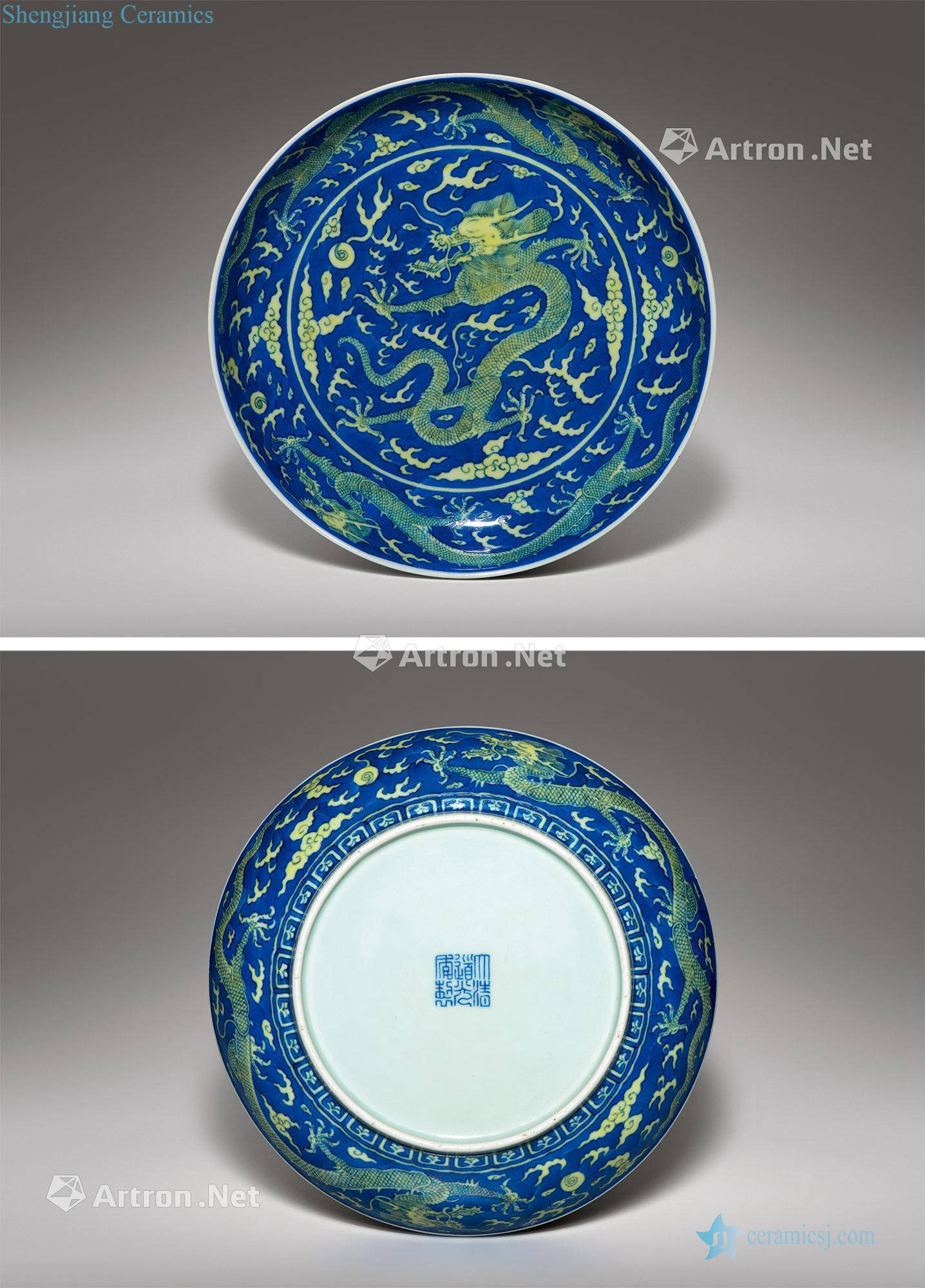 Qing daoguang Blue and white rehmannia YunLongWen plate