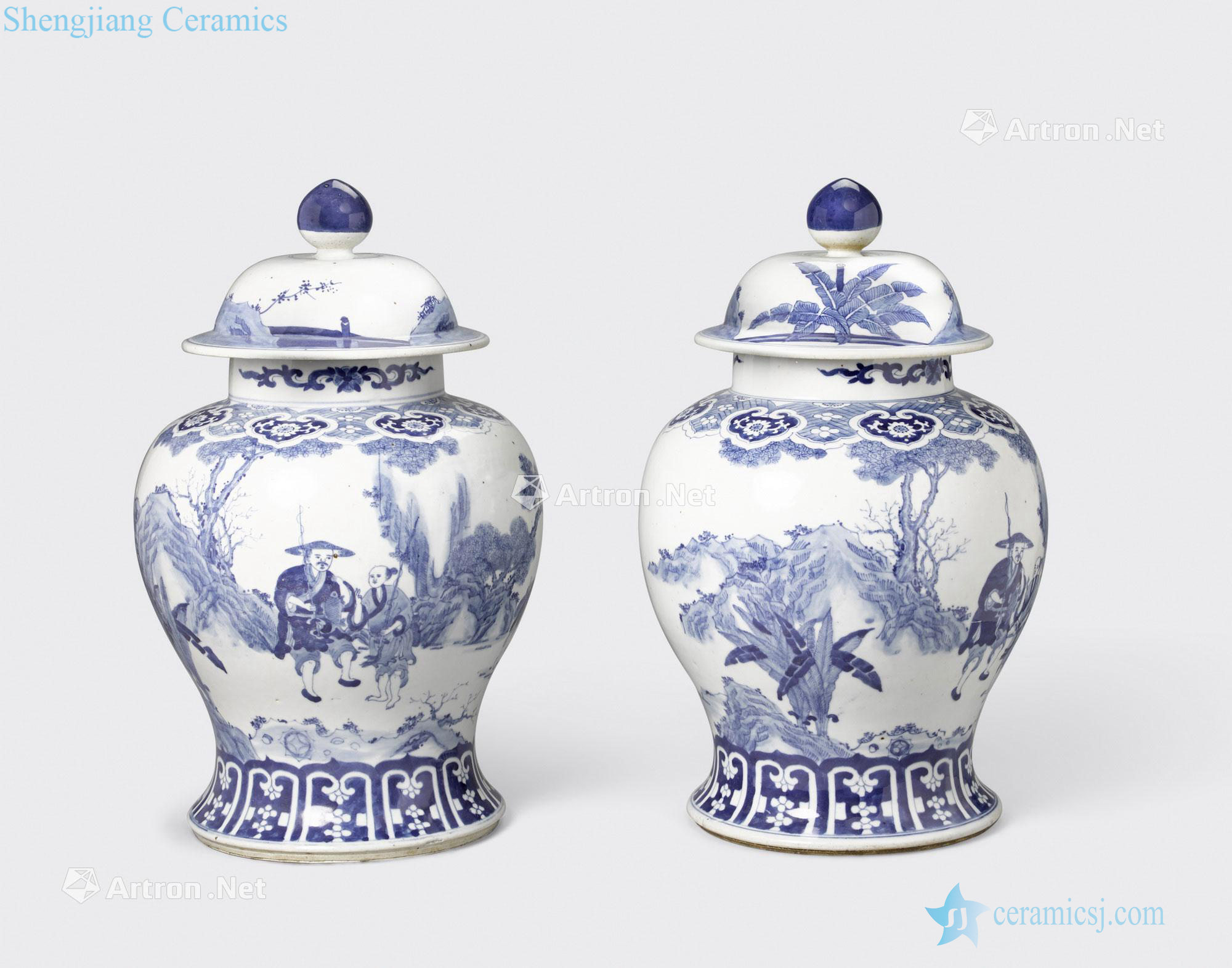 Newest the Qing/Republic period A PAIR OF BLUE AND WHITE COVERED BALUSTER JARS WITH DESIGNS OF FISHERMEN