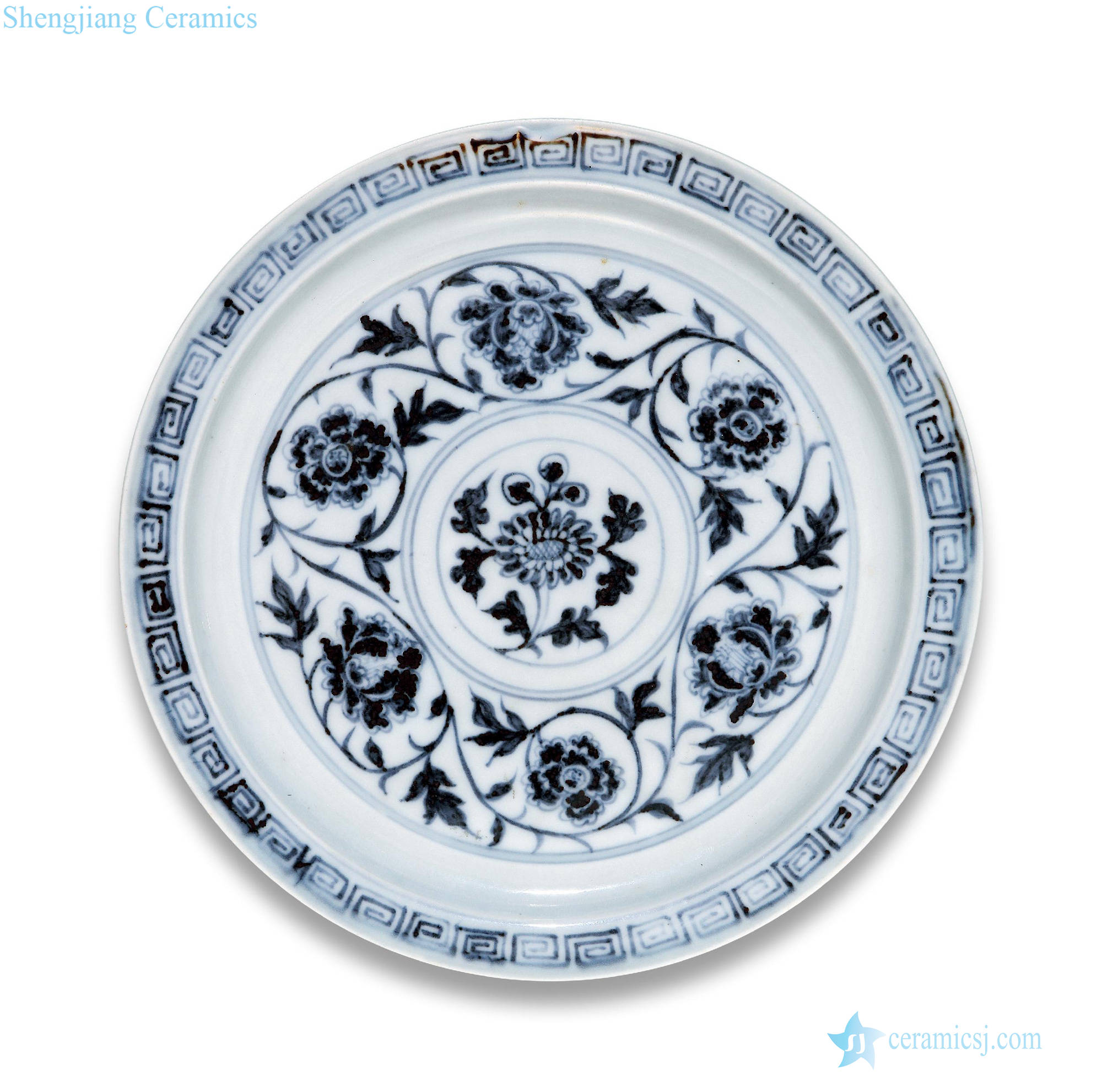 Ming hongwu Blue and white tie up branch flowers fold along the plate