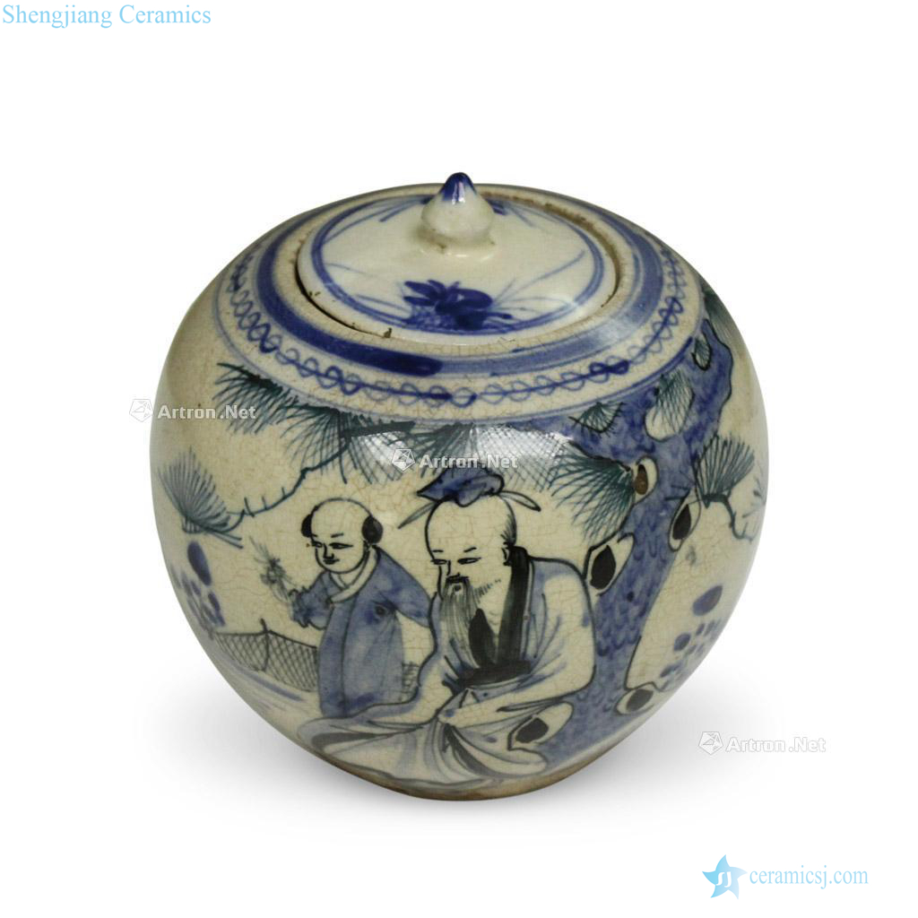 In the qing dynasty Blue and white landscape character lines cover tank