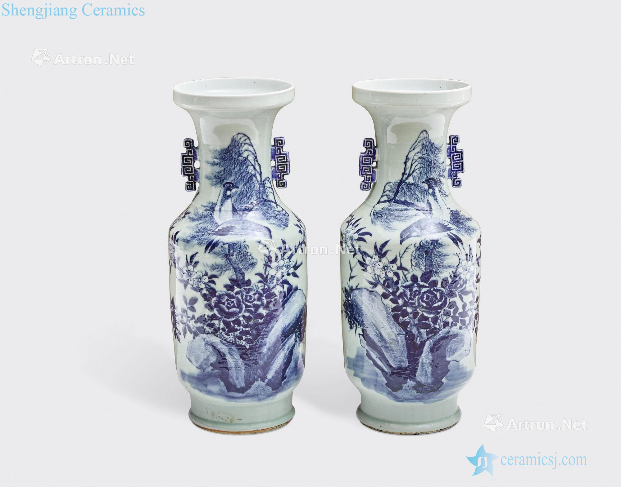 Newest the Qing/Republic period A PAIR OF CELADON GLAZED VASES WITH UNDERGLAZE BLUE AND WHITE SLIP DECORATION