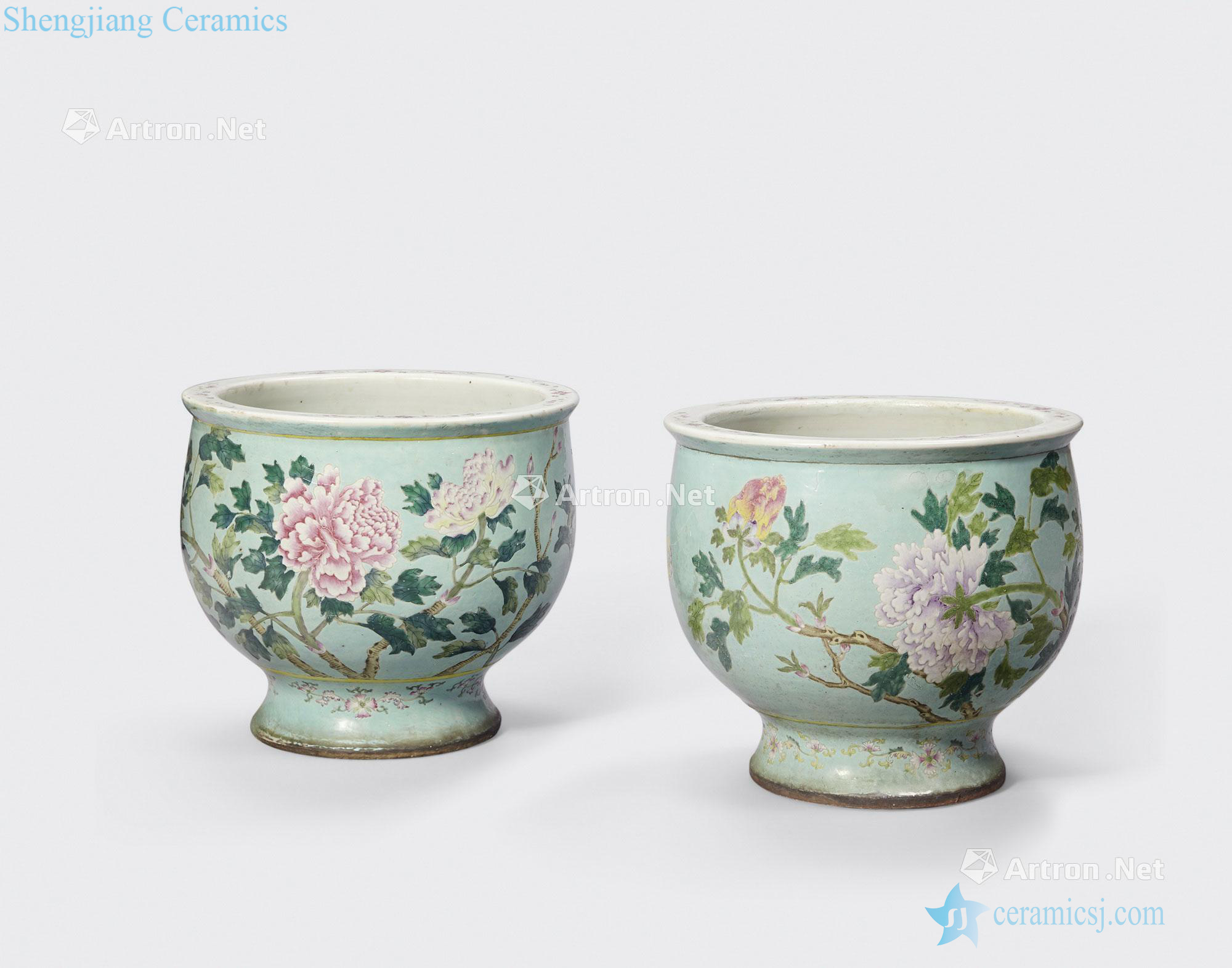 Newest the Qing/Republic period A PAIR OF TURQUOISE GROUND PLANTERS WITH FAMILLE ROSE ENAMEL DECORATION