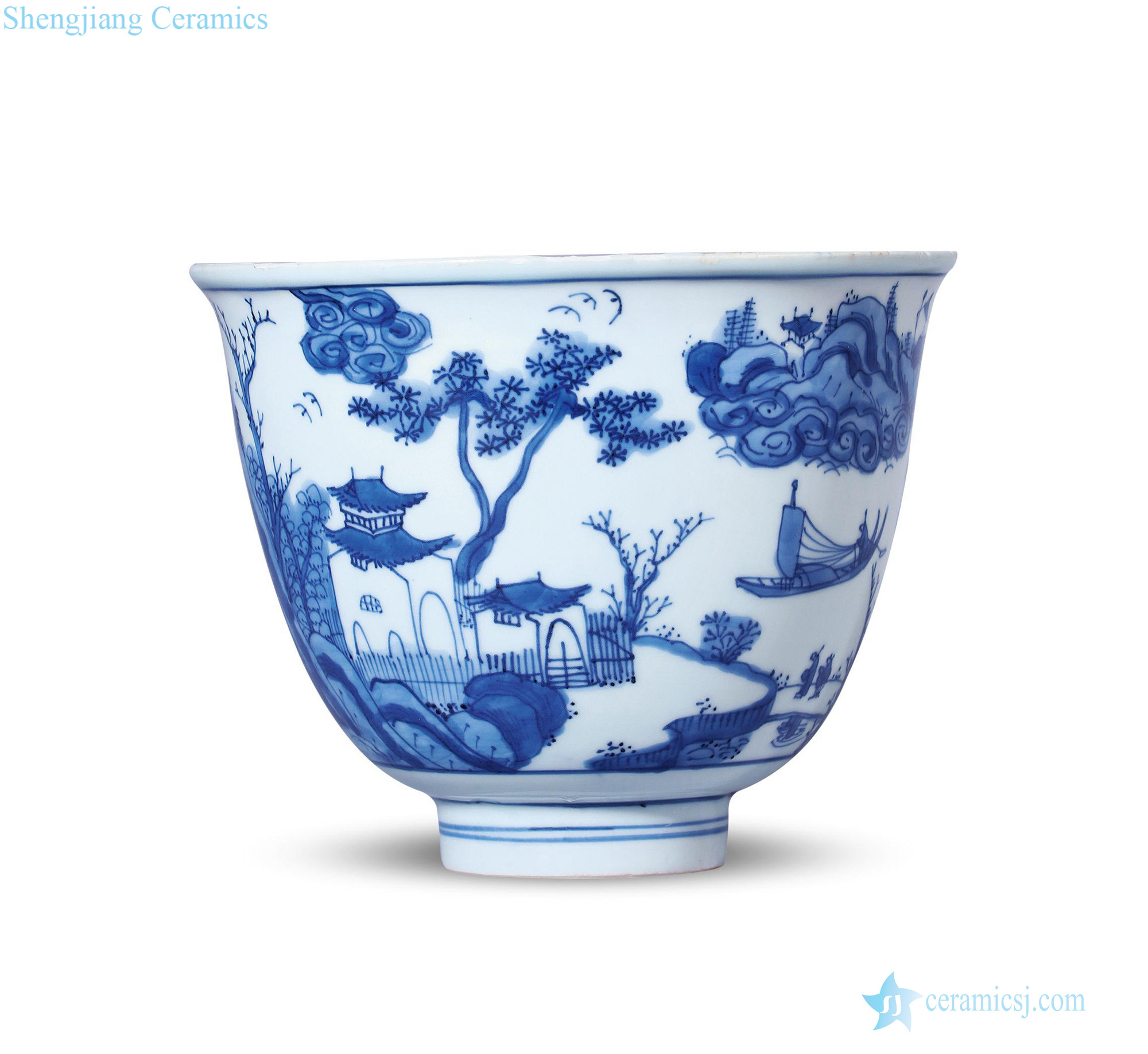 Ming wanli Blue and white landscape yu le bell bowl