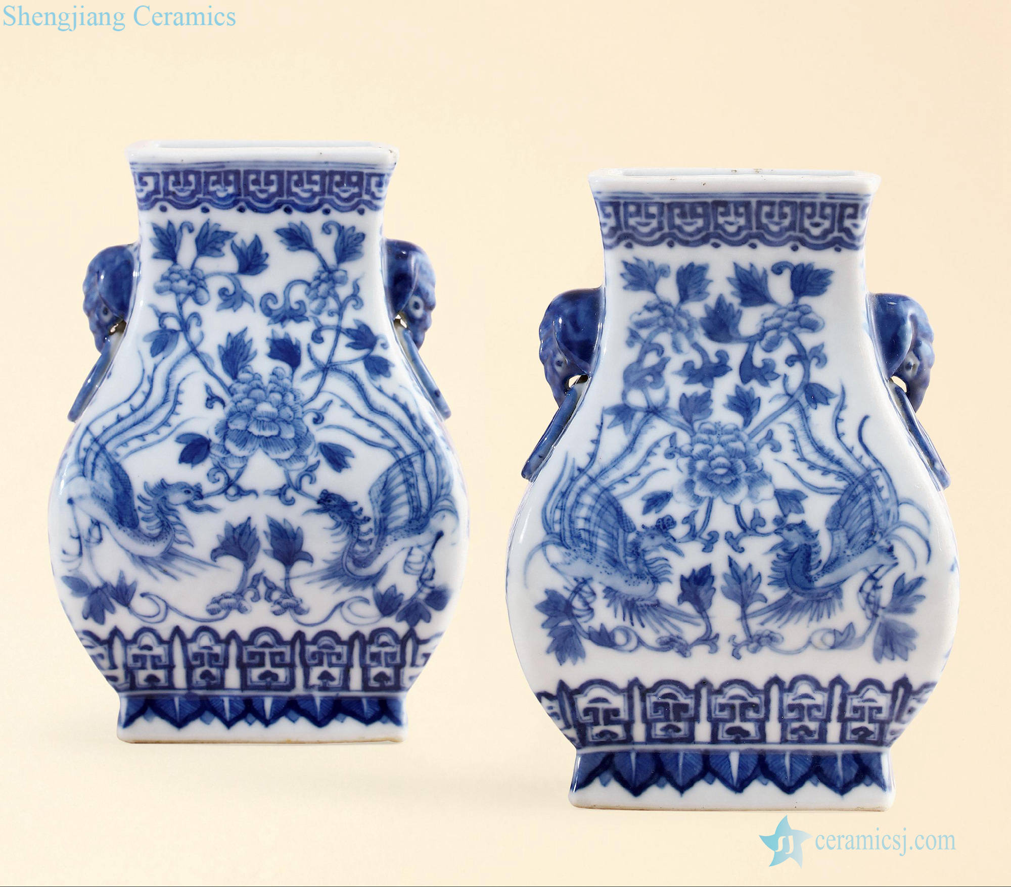 qing Blue and white double phoenix peony like ear square bottle (a)