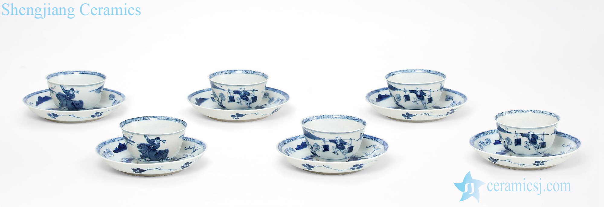 Blue and white "descend" to the qing emperor kangxi figure cup, plate (12)