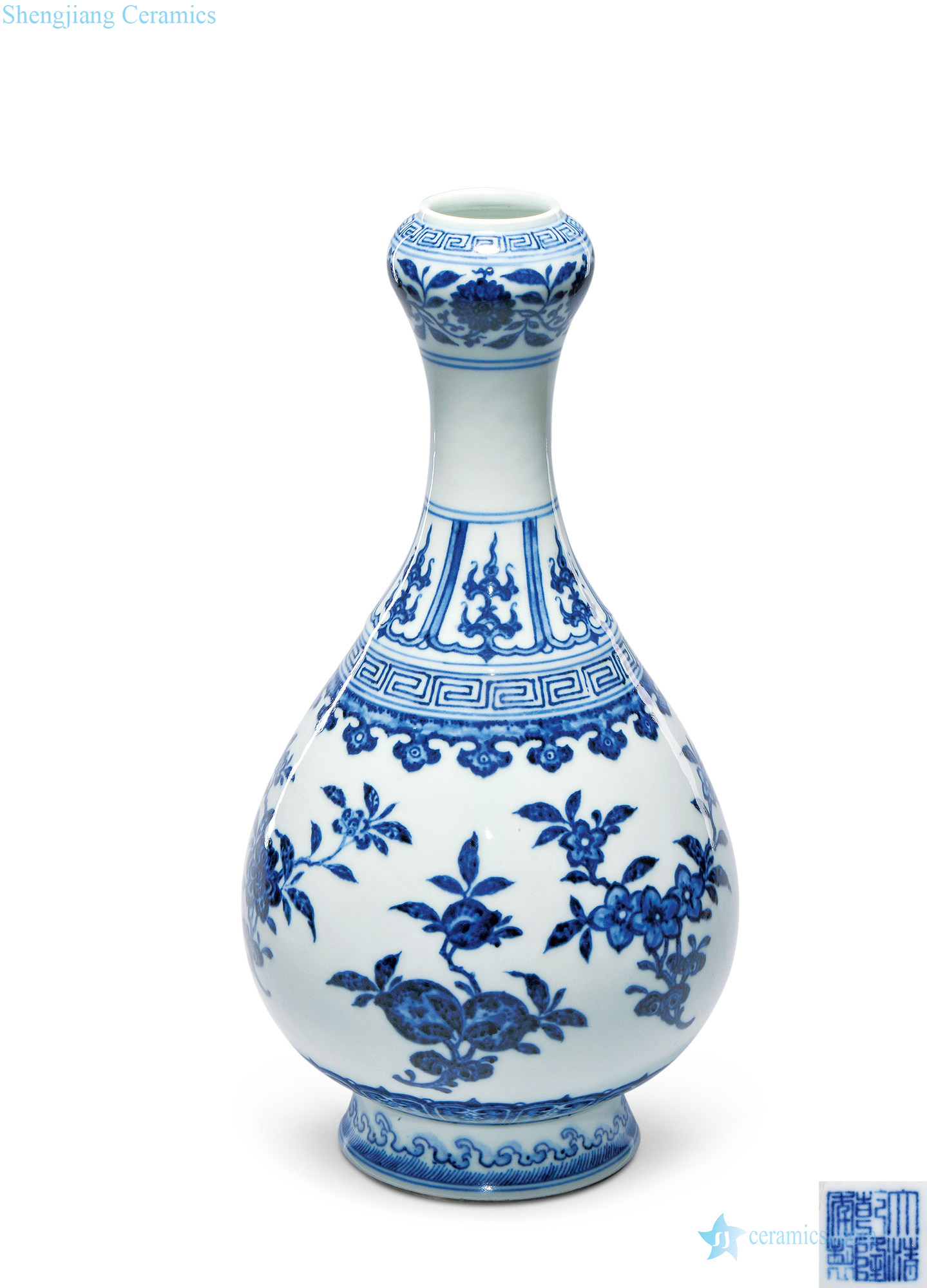 Qing qianlong Blue and white ruffled branch flowers and bottle of garlic