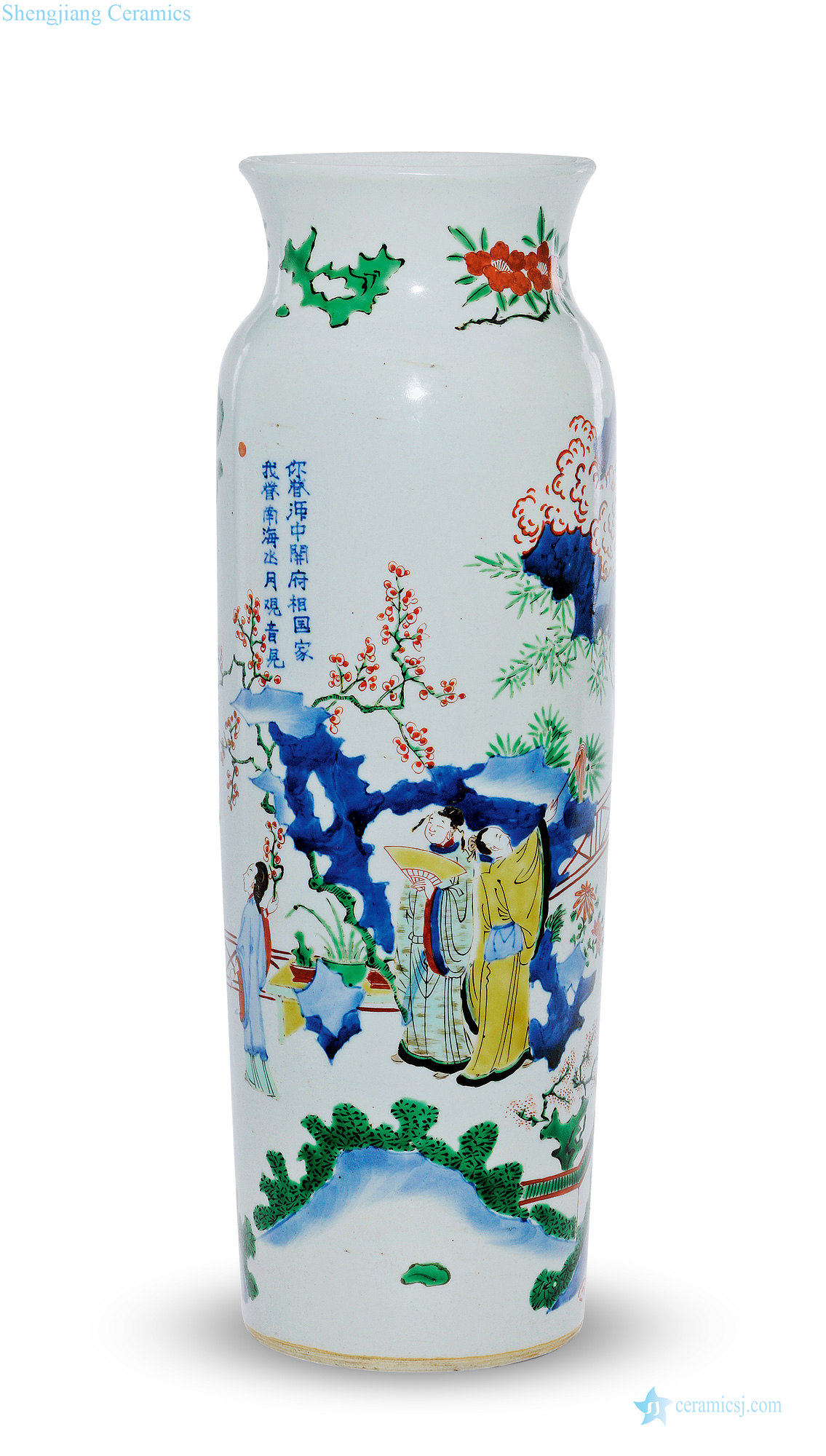 Qing shunzhi Blue and white poem lines cylinder bottles of colorful characters
