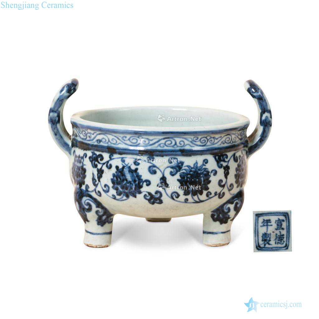 Ming Blue and white ears with three legs incense burner