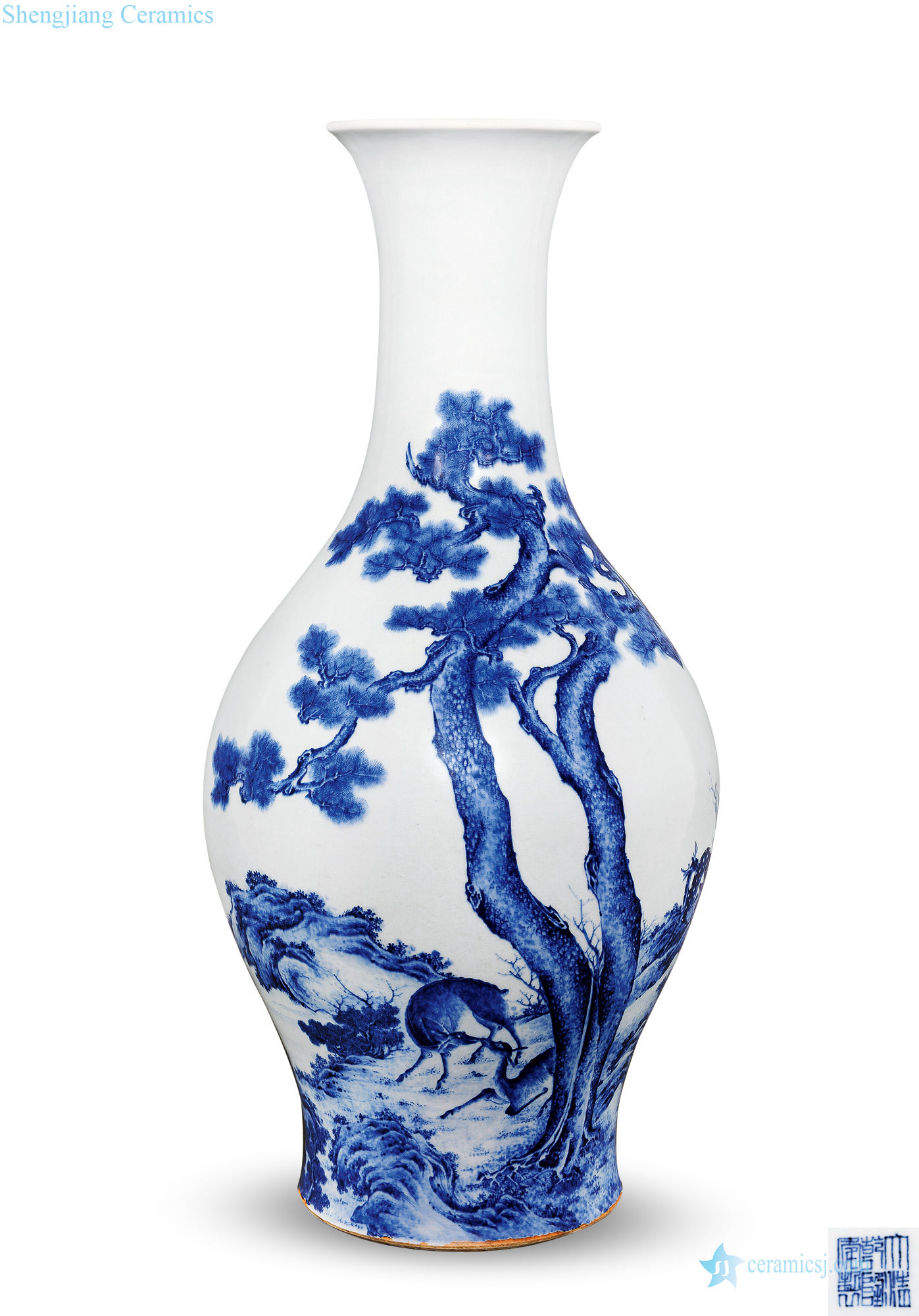 Qing qianlong Blue and white stone figure big olive bottle shou