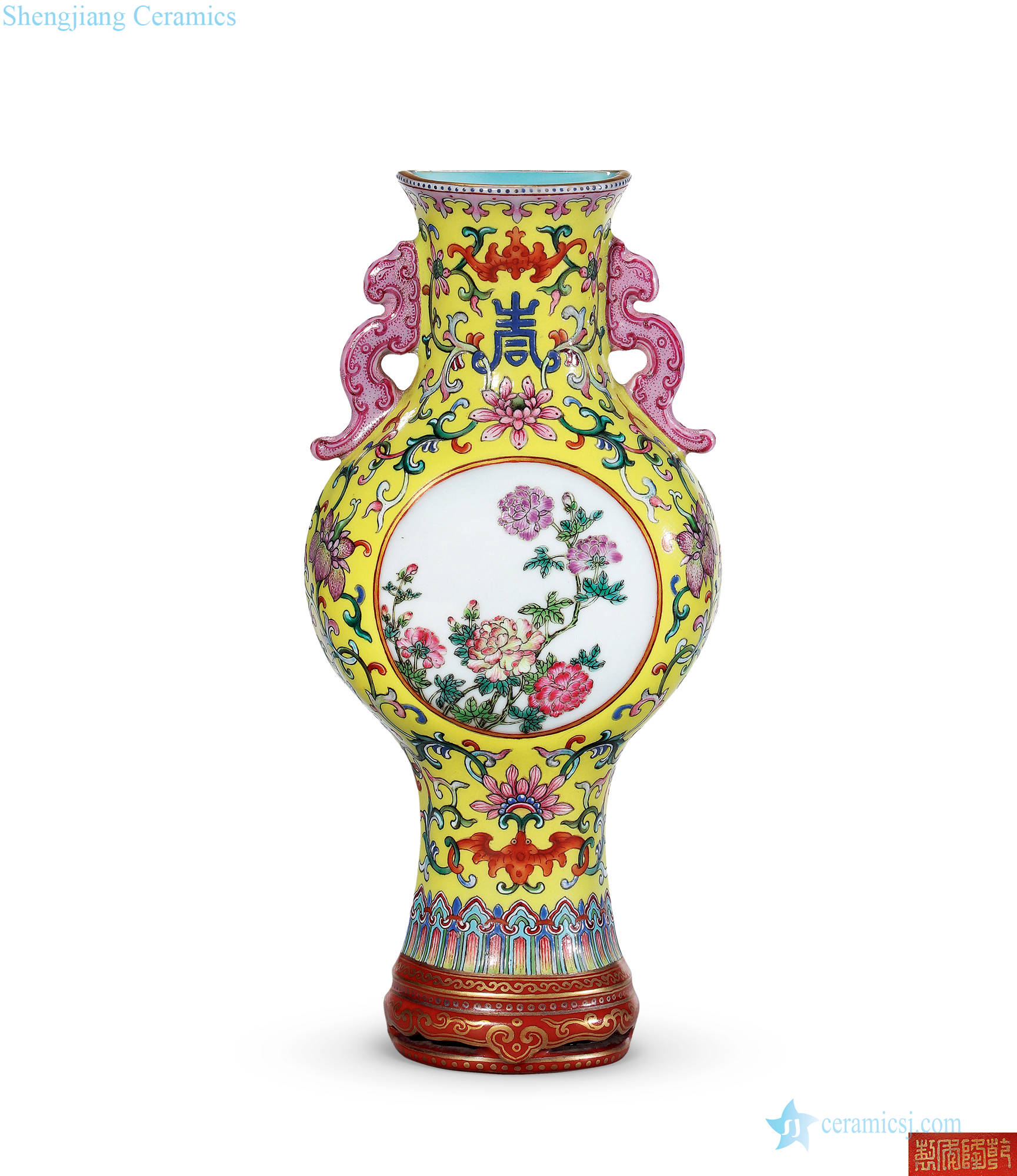 Qing qianlong to pastel yellow medallion riches and honor peony wall bottles