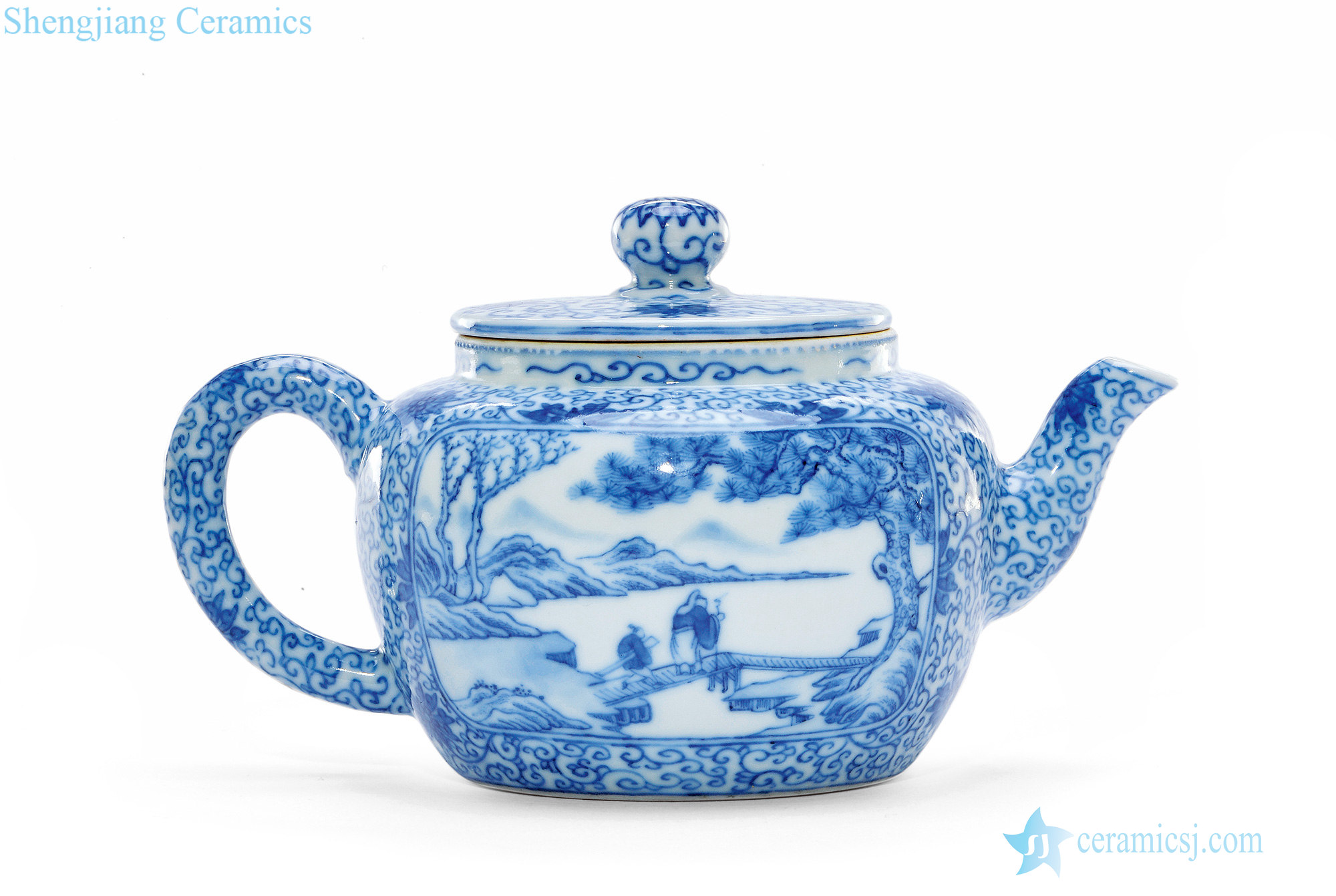 Clear light blue and white medallion "line has permanently hall" character poems teapot