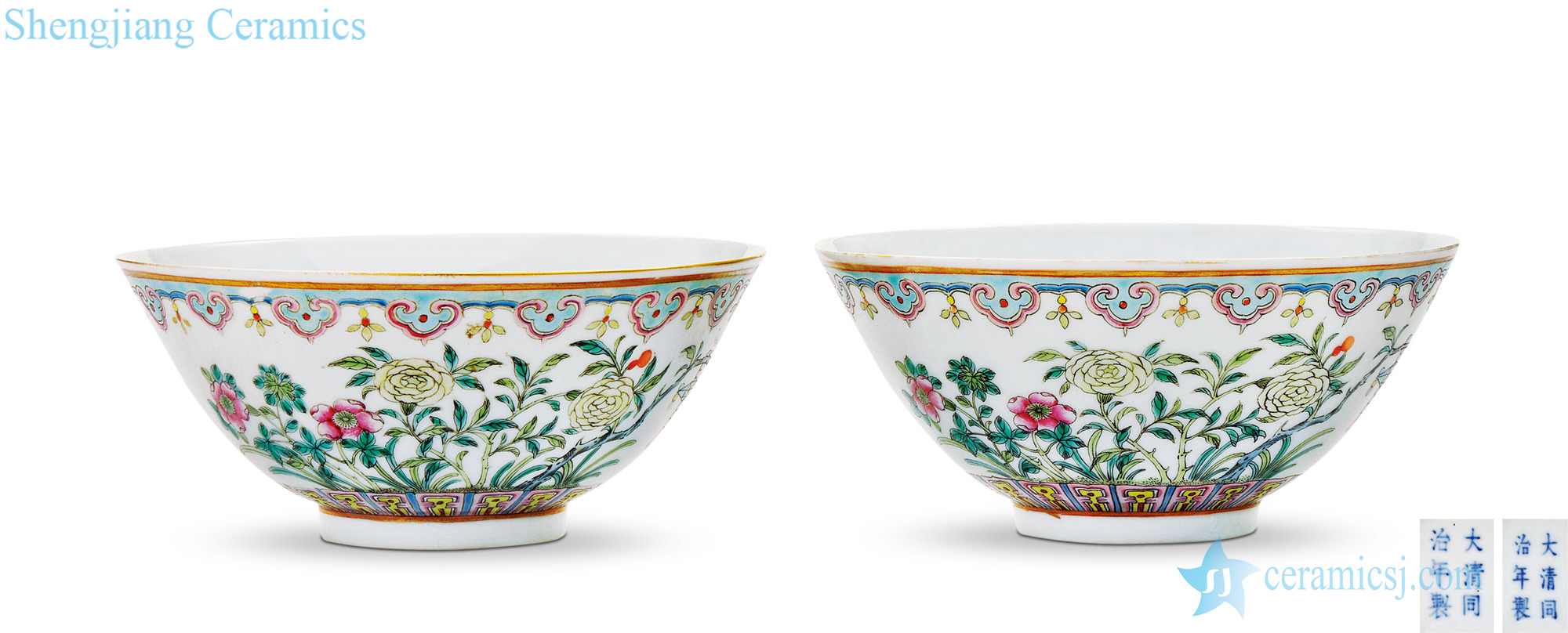 Dajing pastel flowers green-splashed bowls (a)