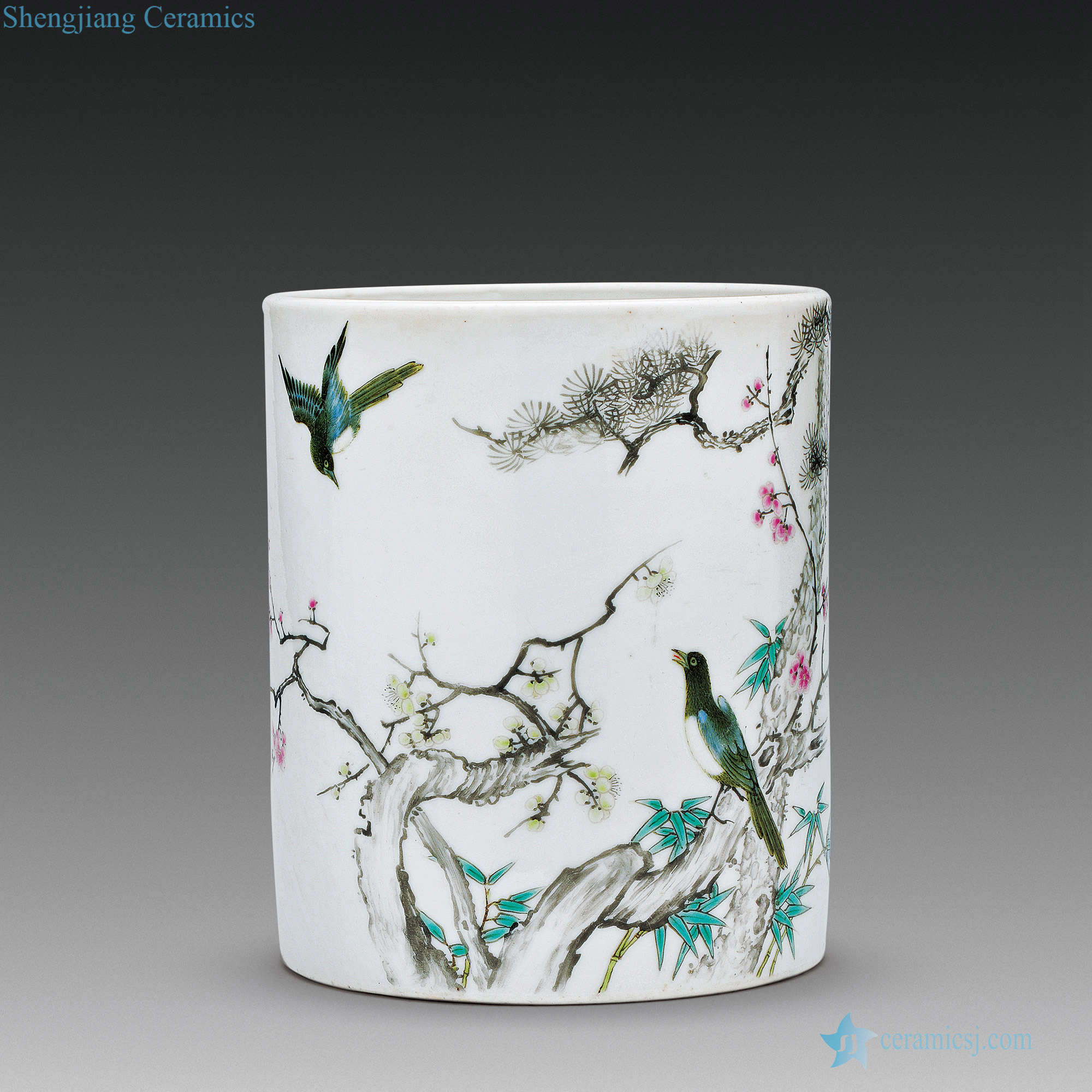 Qing qianlong B system pastel magpie on mei poetry grain brush pot