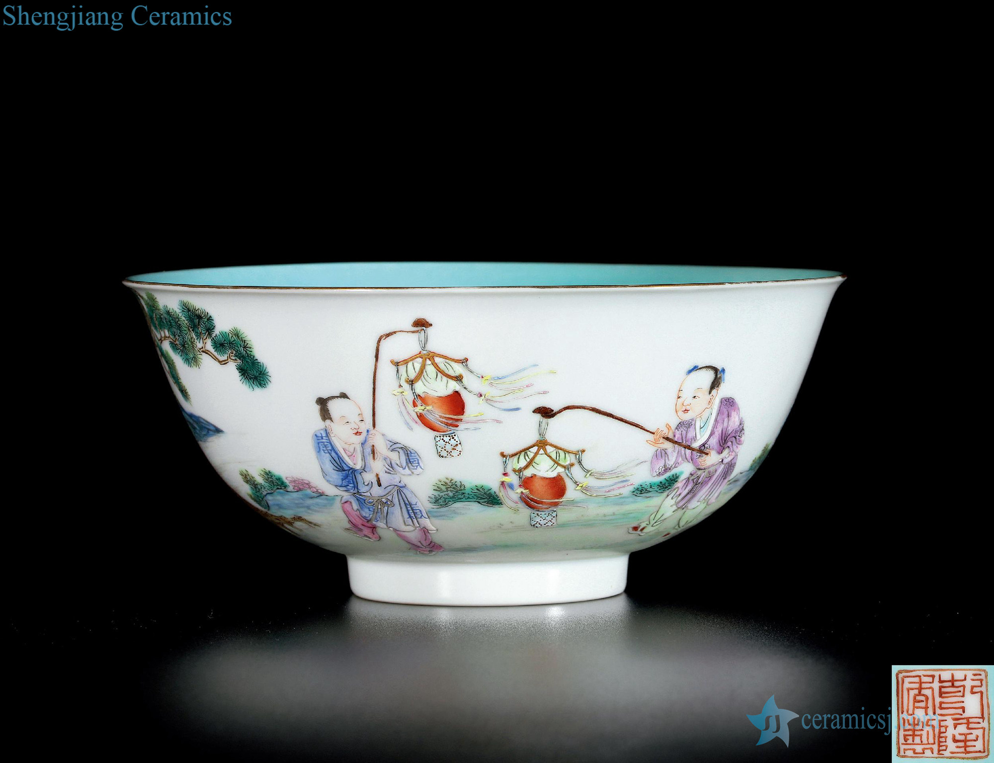 Qing qianlong pastel turquoise glazed inside figure baby play bowls