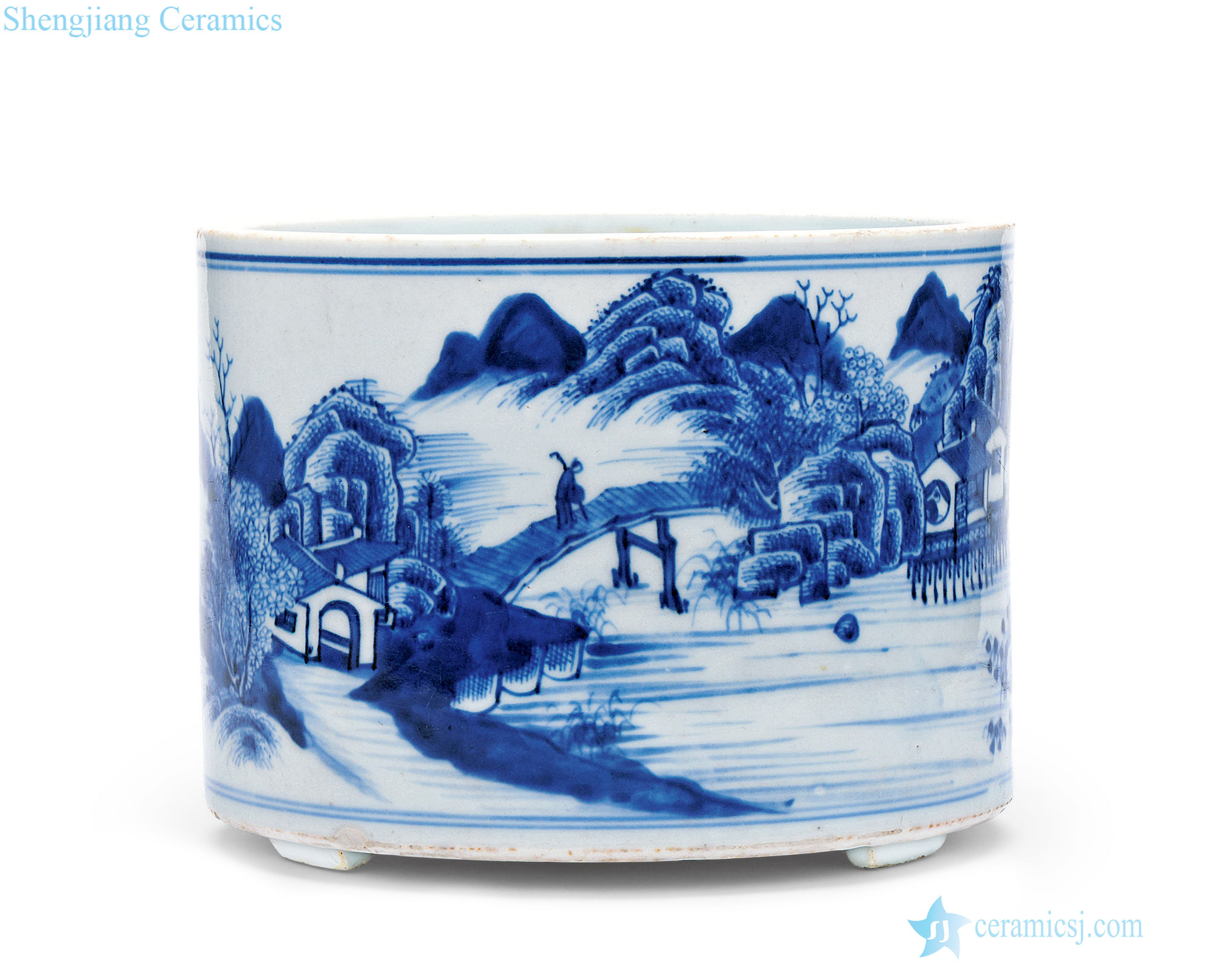 The qing emperor kangxi Blue and white landscape character tattoo pen container