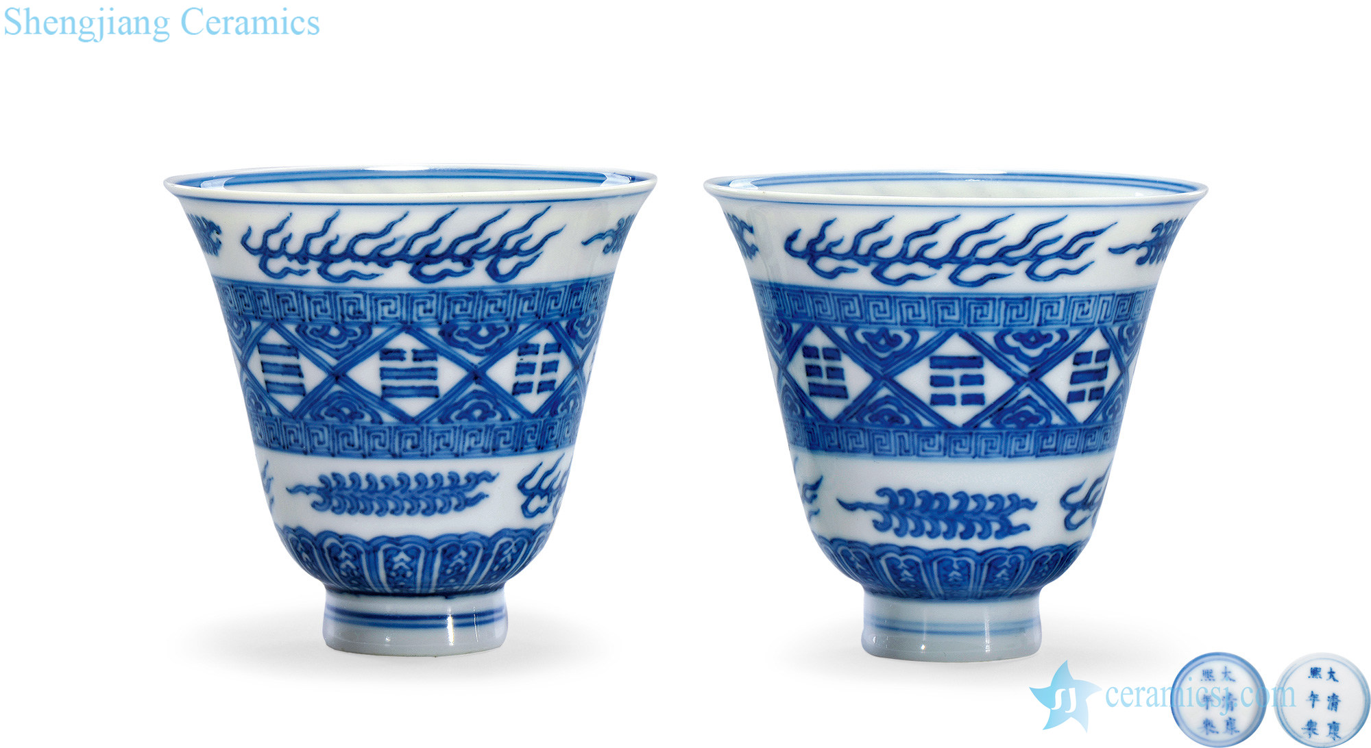 The qing emperor kangxi Blue and white gossip grain bell cup (a)