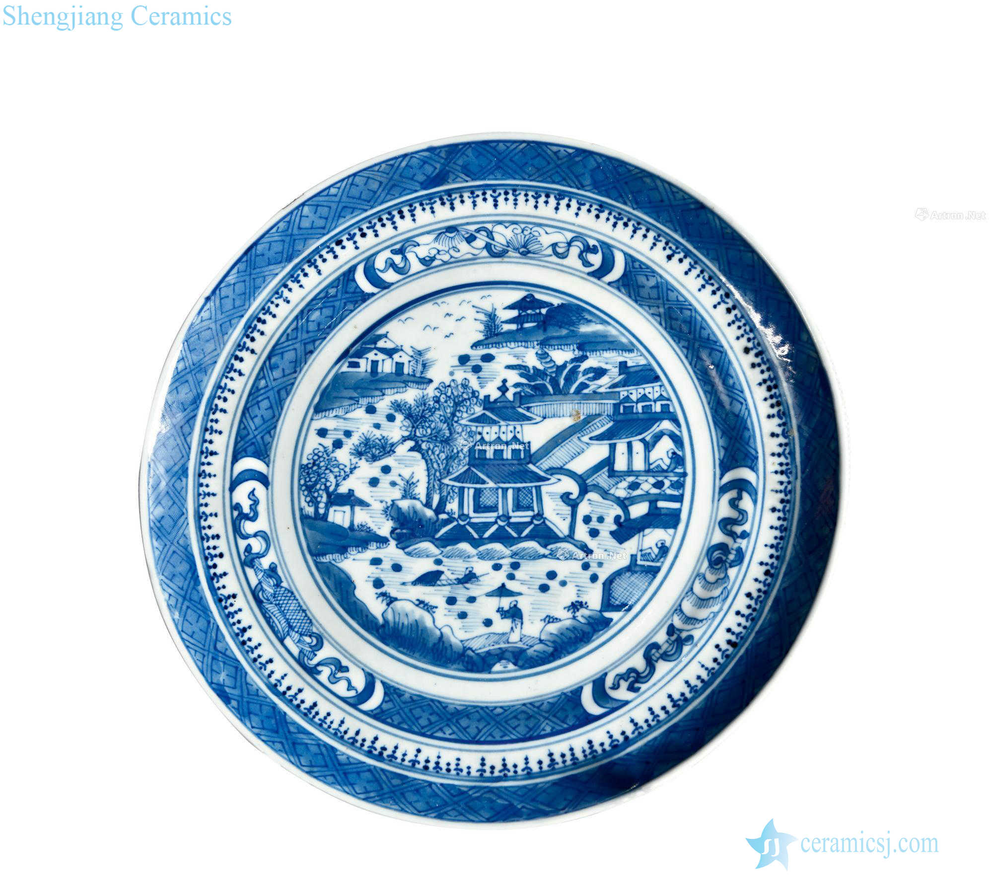 Qing qianlong Blue and white pavilions plate