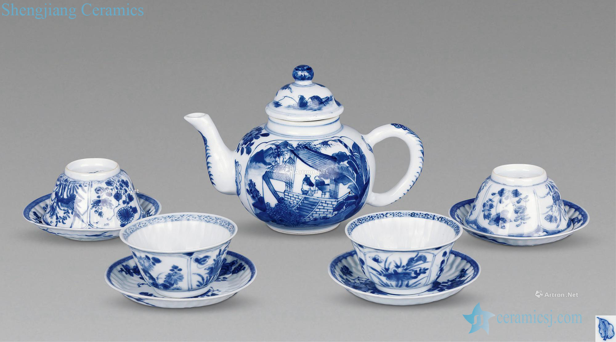 The qing emperor kangxi Blue and white flower character tea set (9)
