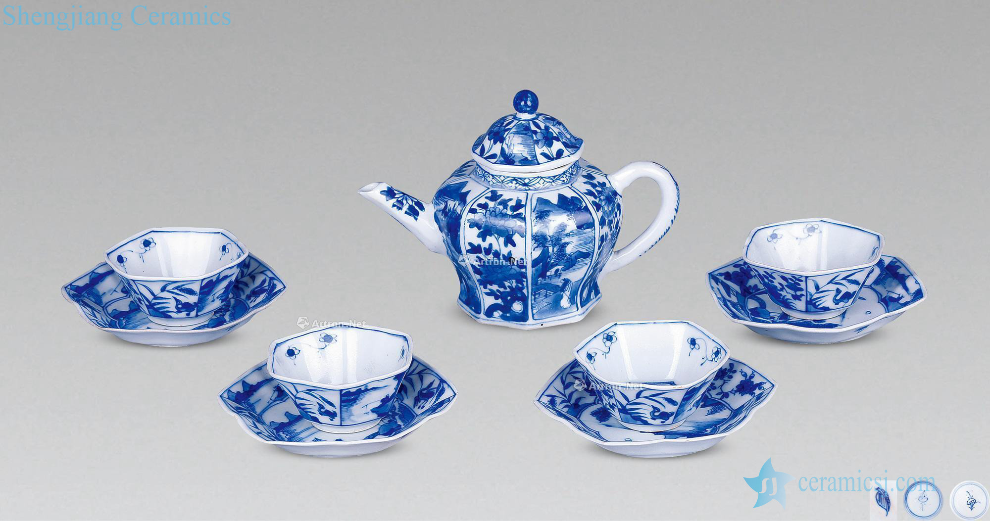The qing emperor kangxi Blue and white landscape flower six arrises tea set (a set of nine pieces)