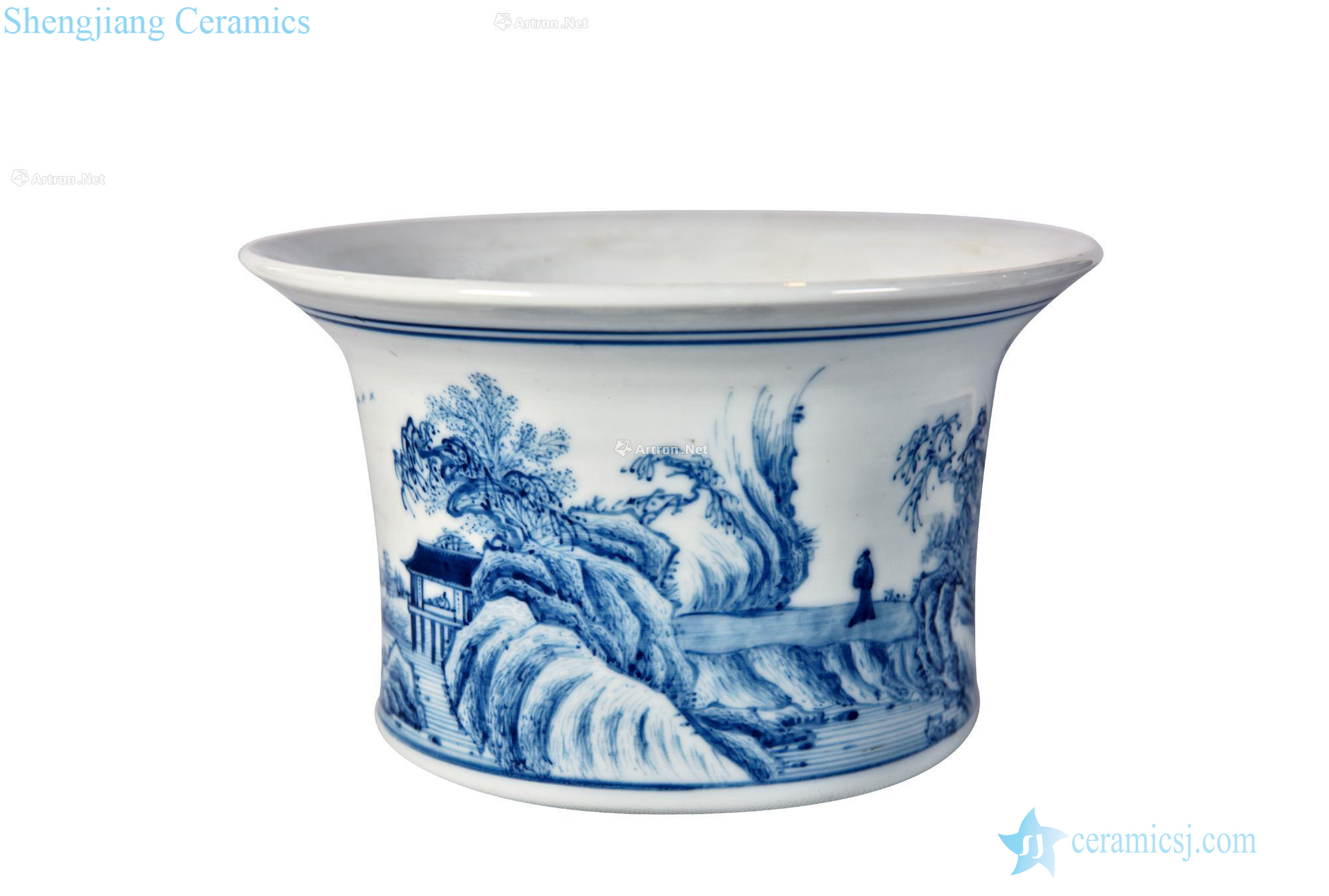 qing Blue and white landscape pattern brush pot mouth