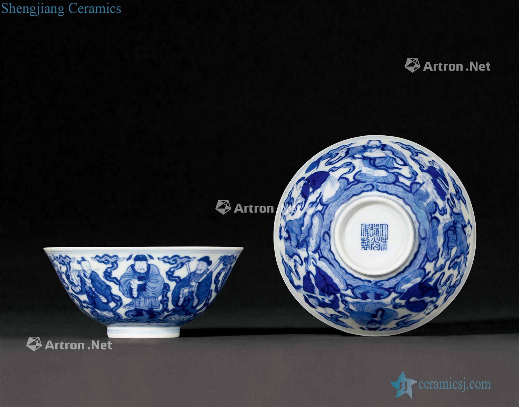 Qing daoguang Blue and white the eight immortals birthday chart bowl (a)