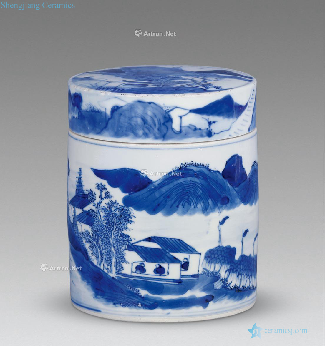 Qing yongzheng Blue and white landscape character caddy (a)