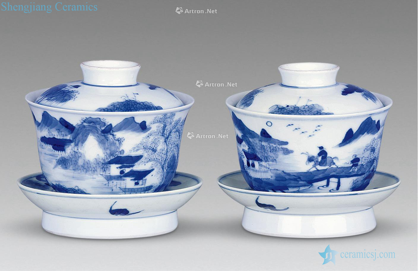 qing Blue and white tea landscape character, one (two)