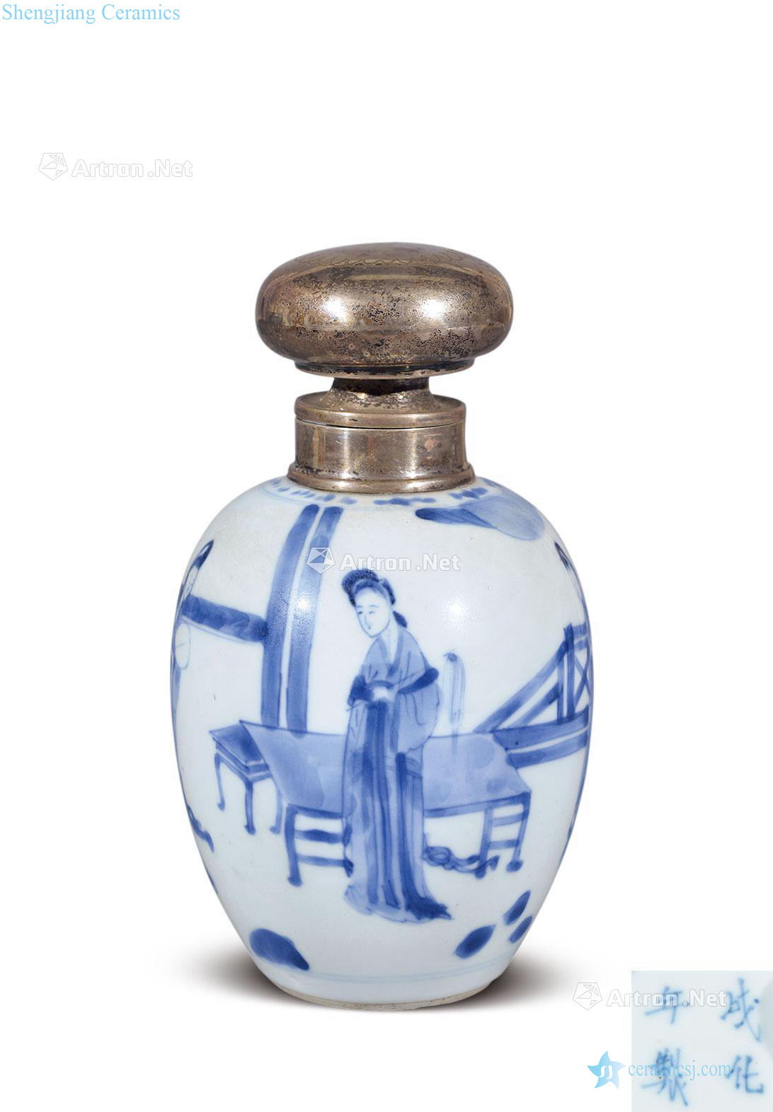 Stories of the qing emperor kangxi porcelain figure silver caddy