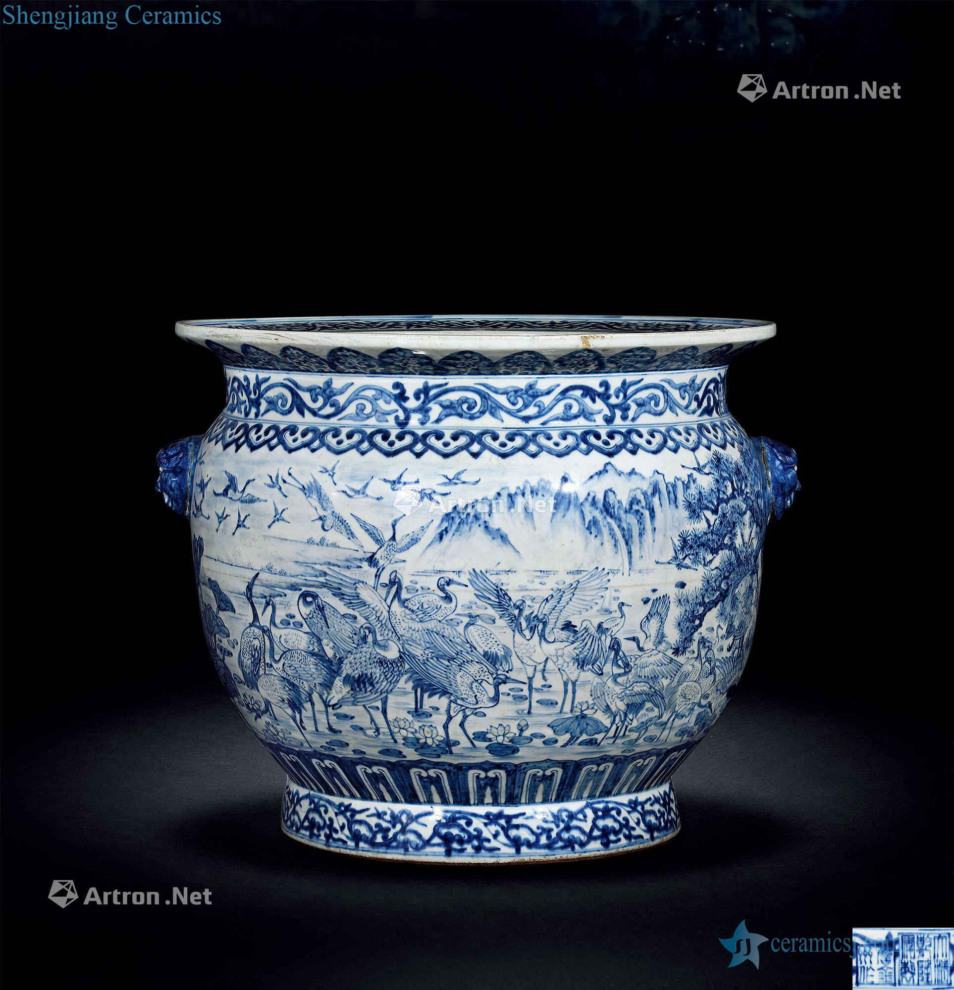 Blue and white "hundreds of crane figure mid qing" cylinder