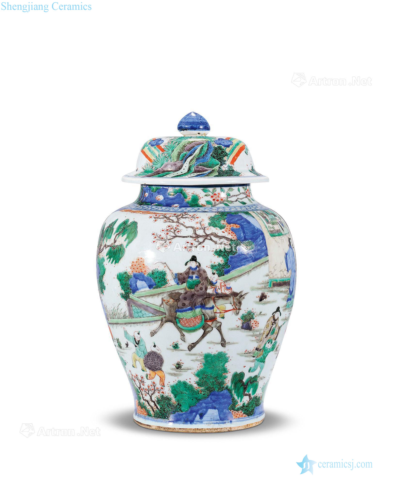 The qing emperor kangxi Blue and white lines cover pot colorful characters
