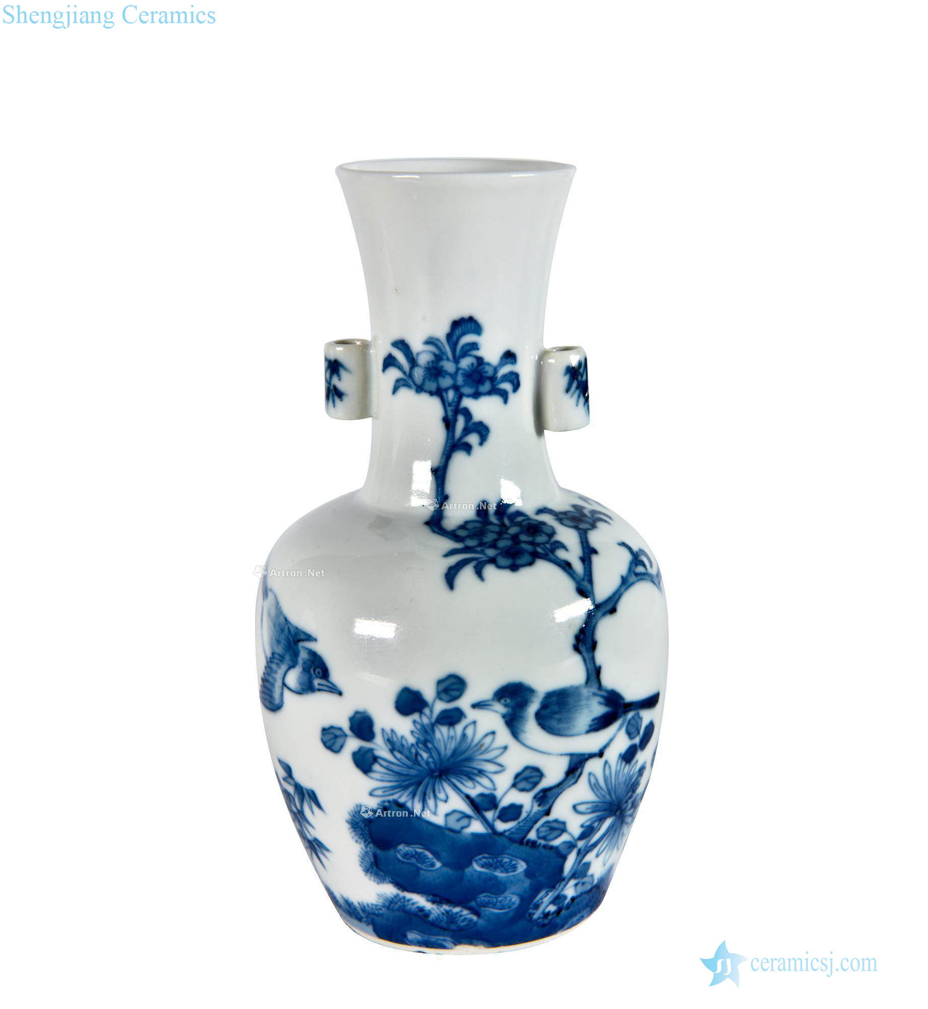 Qing dynasty blue-and-white penetration ears bottle
