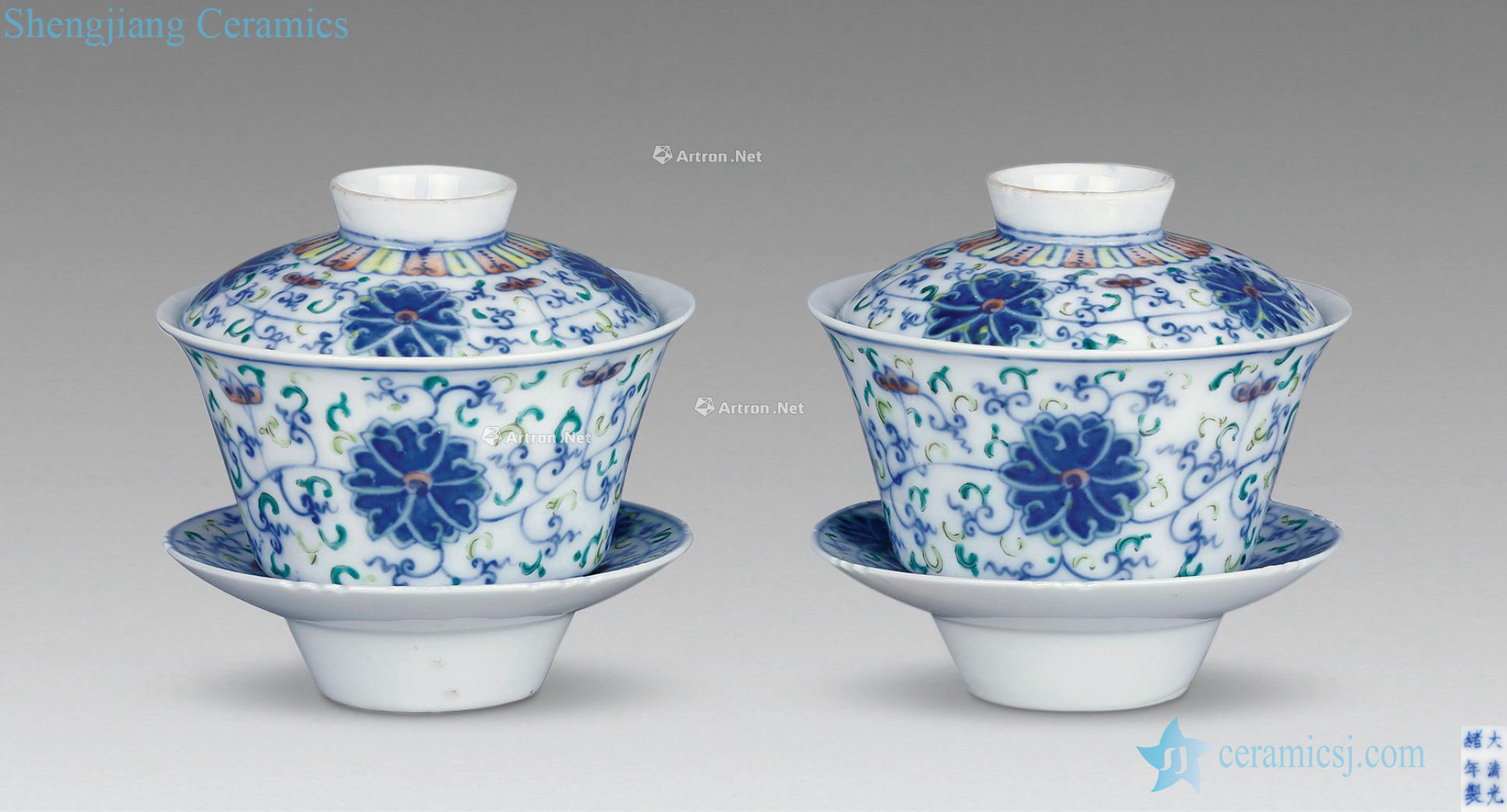 Qing guangxu Bucket color fragrant lotus tea tureen (a pair of two)