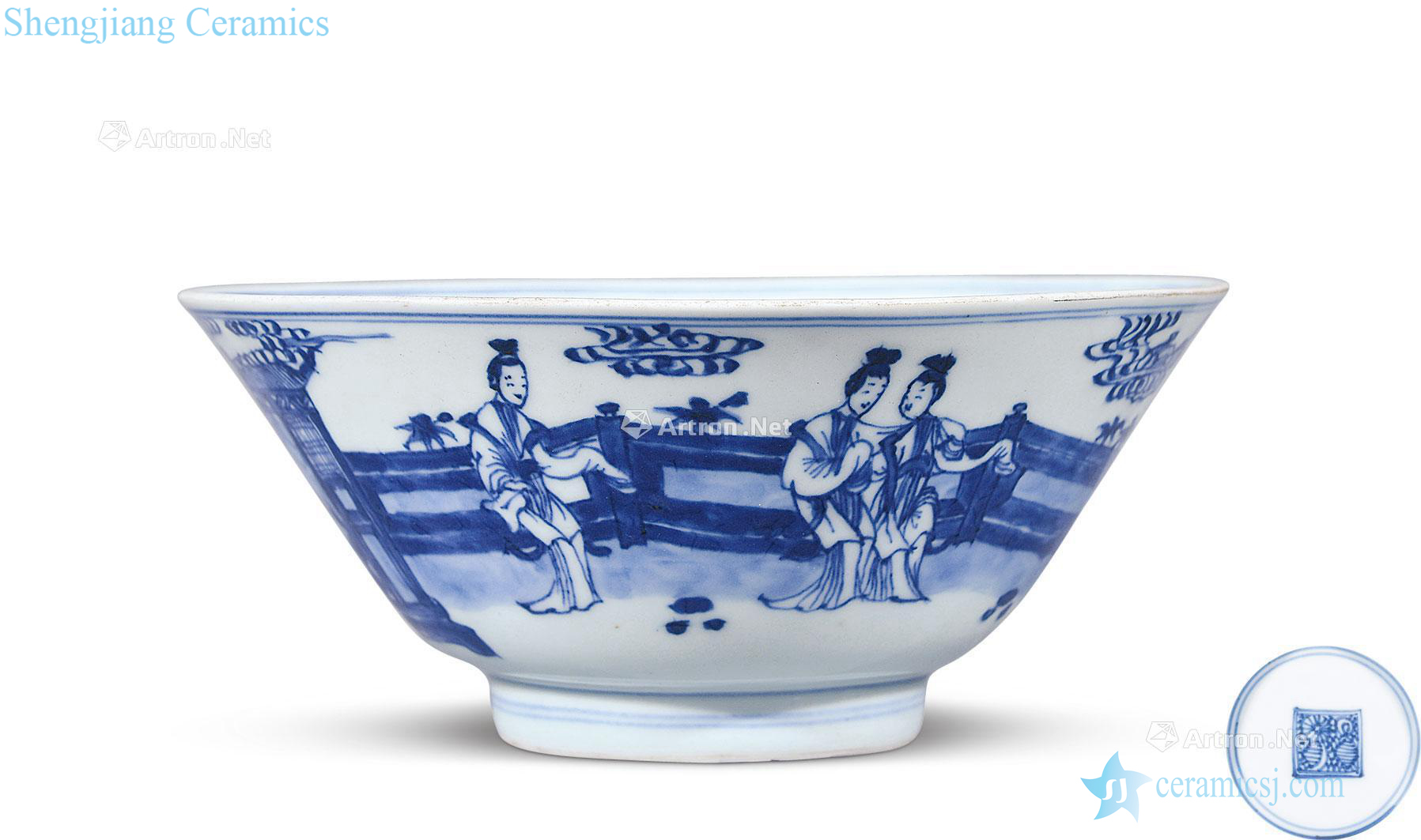 Qing yongzheng Blue and white ladies green-splashed bowls