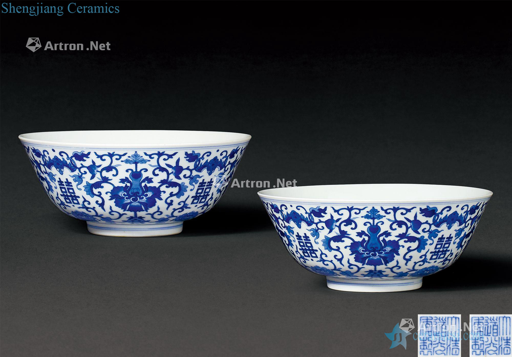 Qing daoguang Blue and white tie up branch passionflower live double happiness green-splashed bowls (a)
