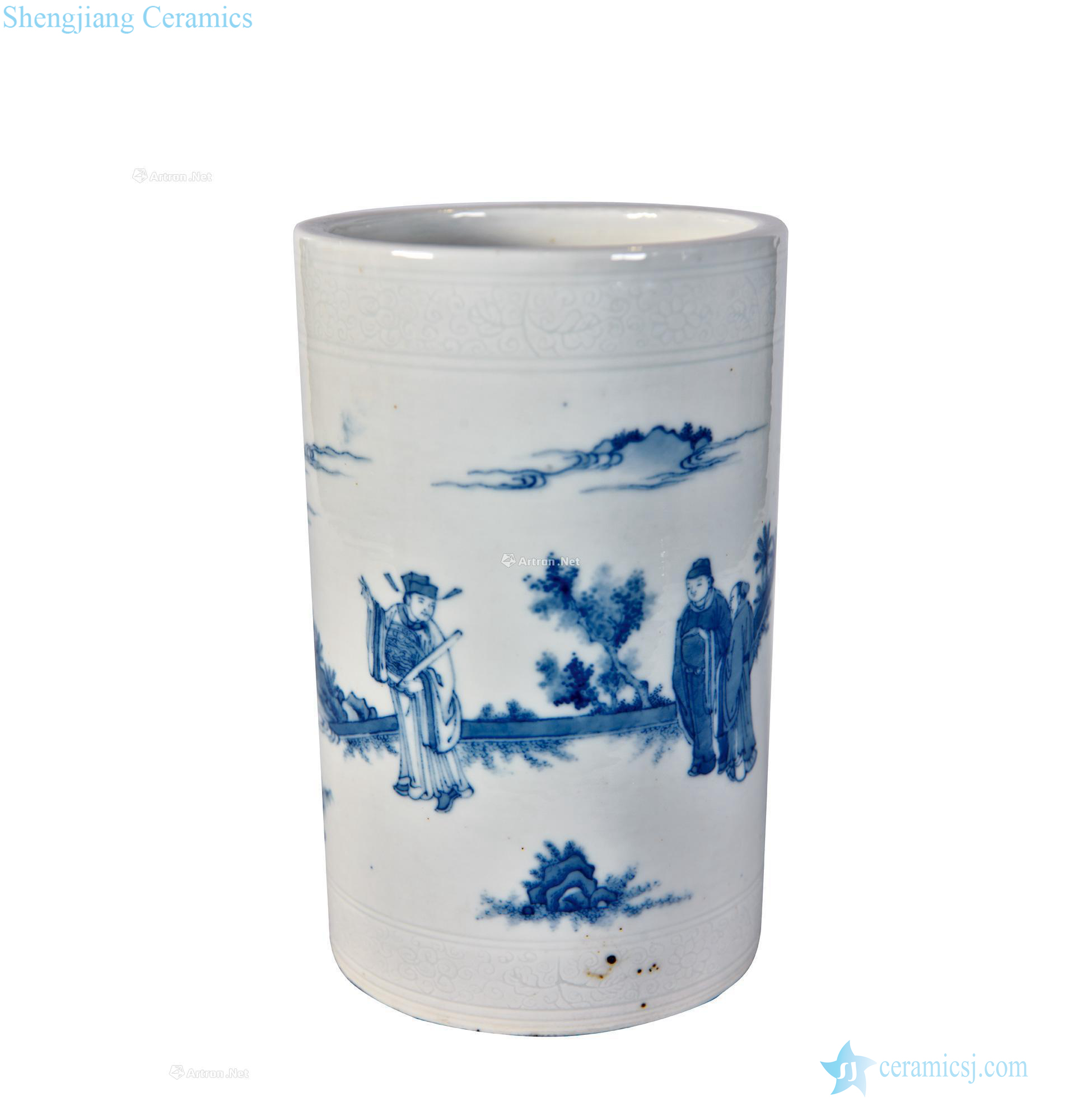 qing Blue and white landscape character tattoo pen container