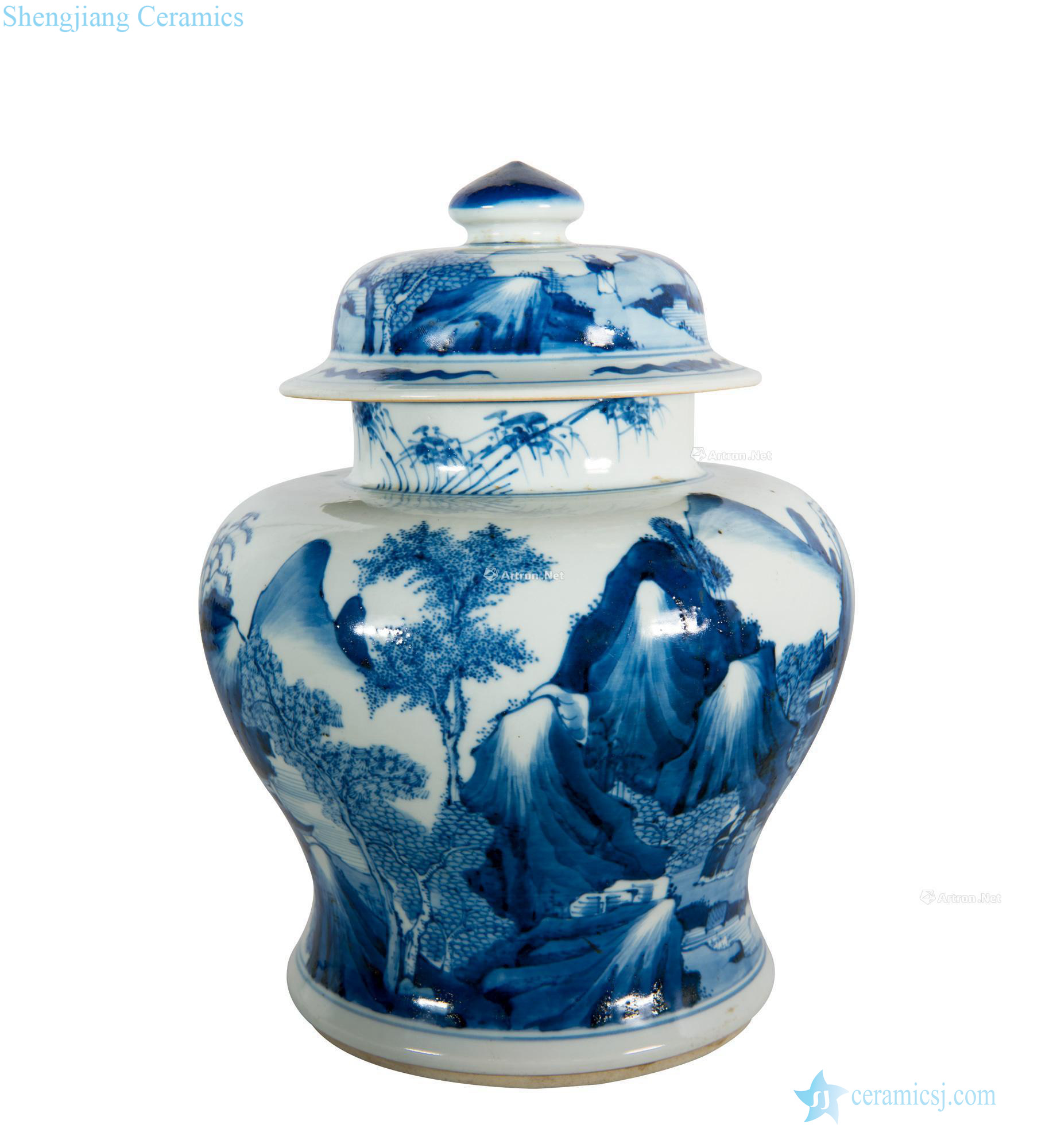 Overseas return Qing dynasty blue and white landscape general grain tank
