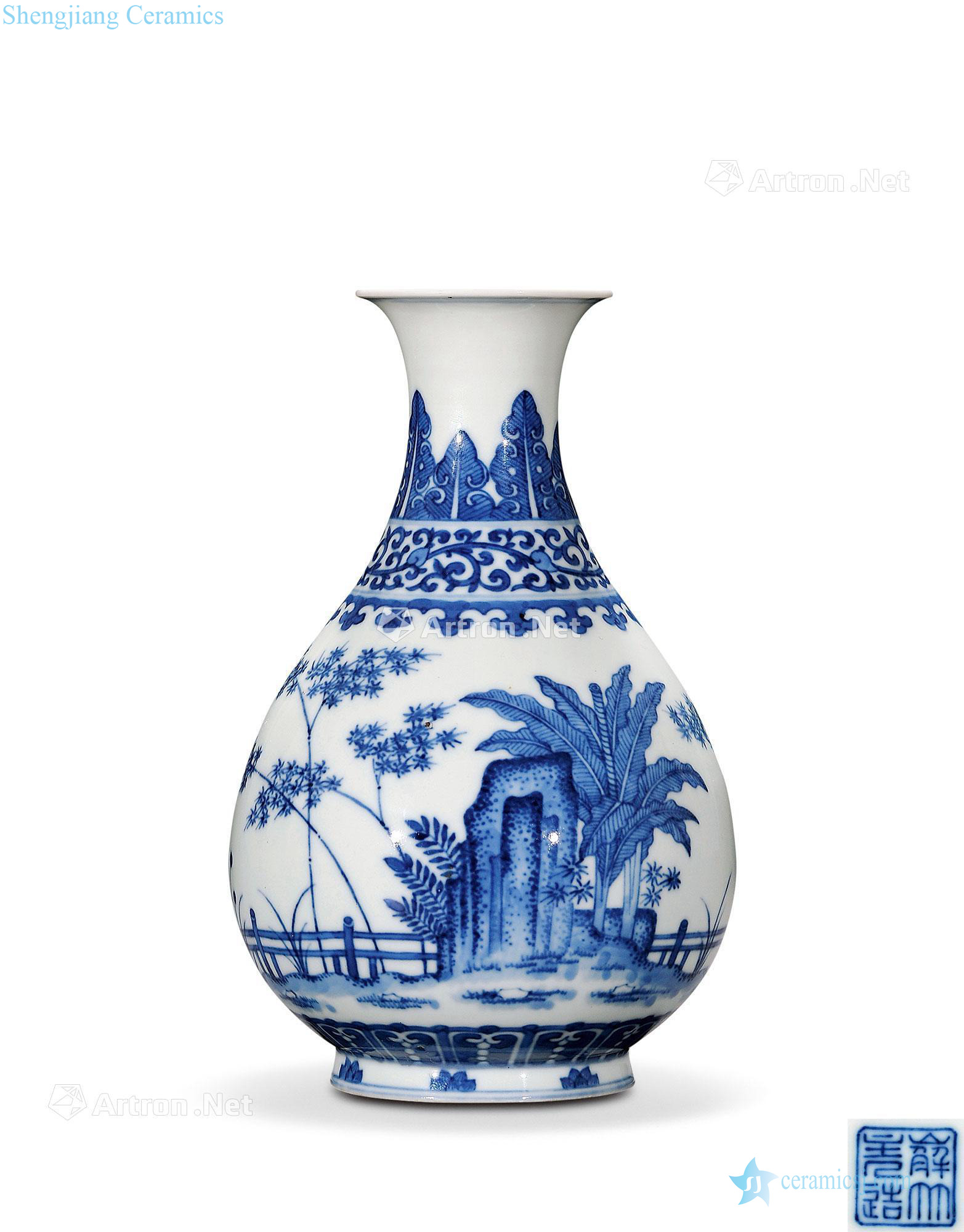 Qing daoguang Blue and white banana bamboo stone okho spring bottle