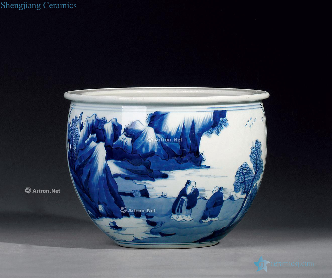 Qing dynasty blue and white grain volume cylinder medallion landscape characters
