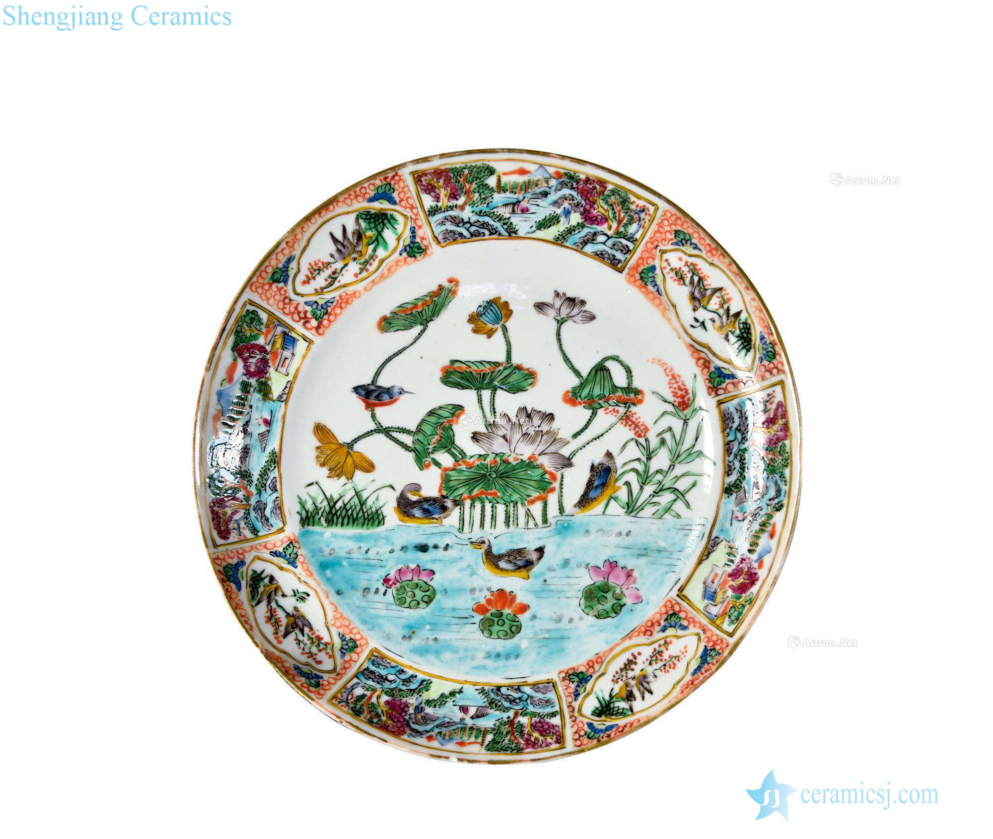 Early qing colorful lotus pond yuanyang plate