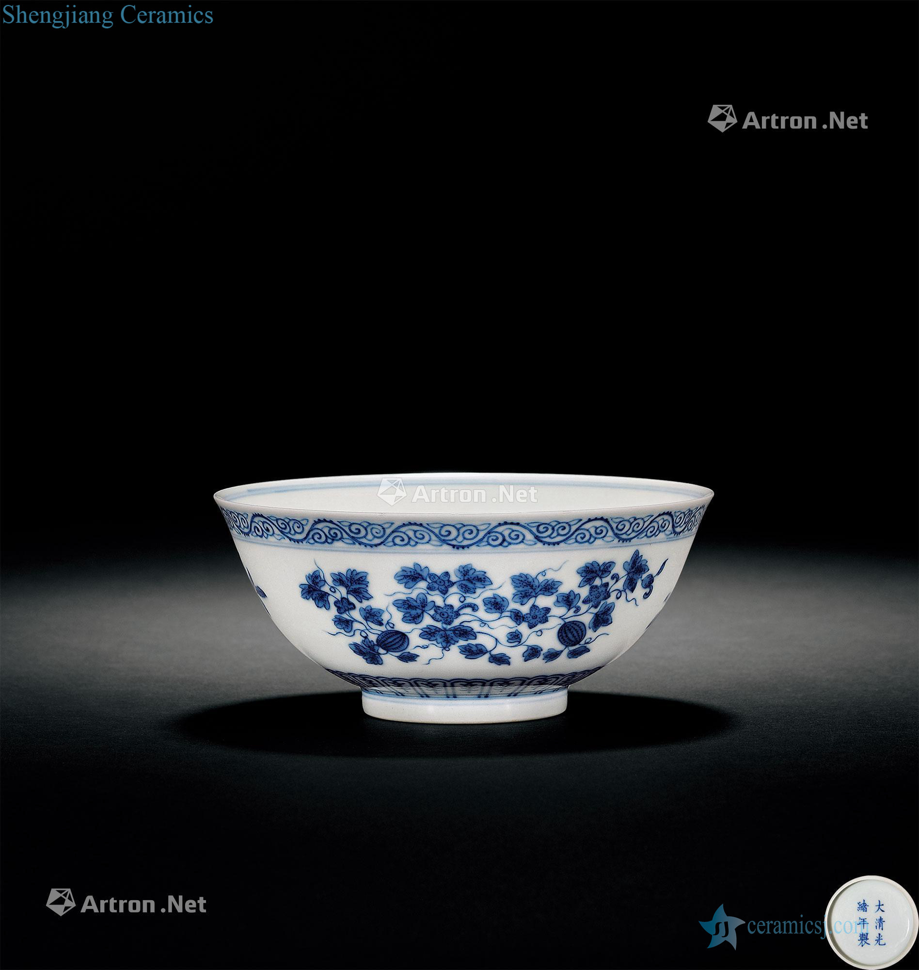 Qing guangxu Blue and white folding branches fruit green-splashed bowls