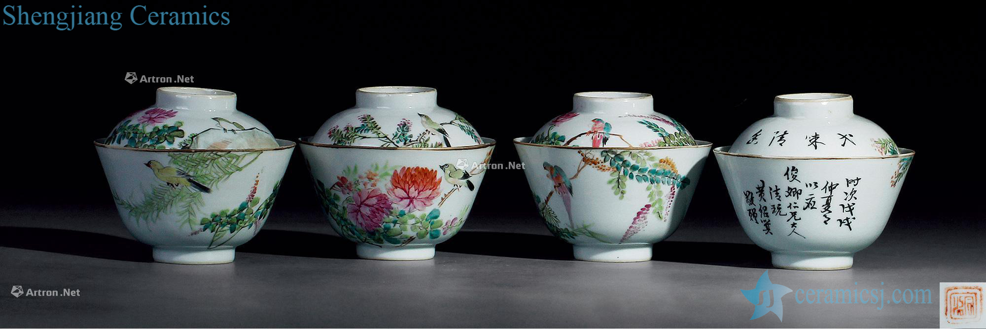 Qing guangxu Hileman basket give fostered numerous eminent people like wu changshuo Shallow purple color flower grain tureen (four pieces)